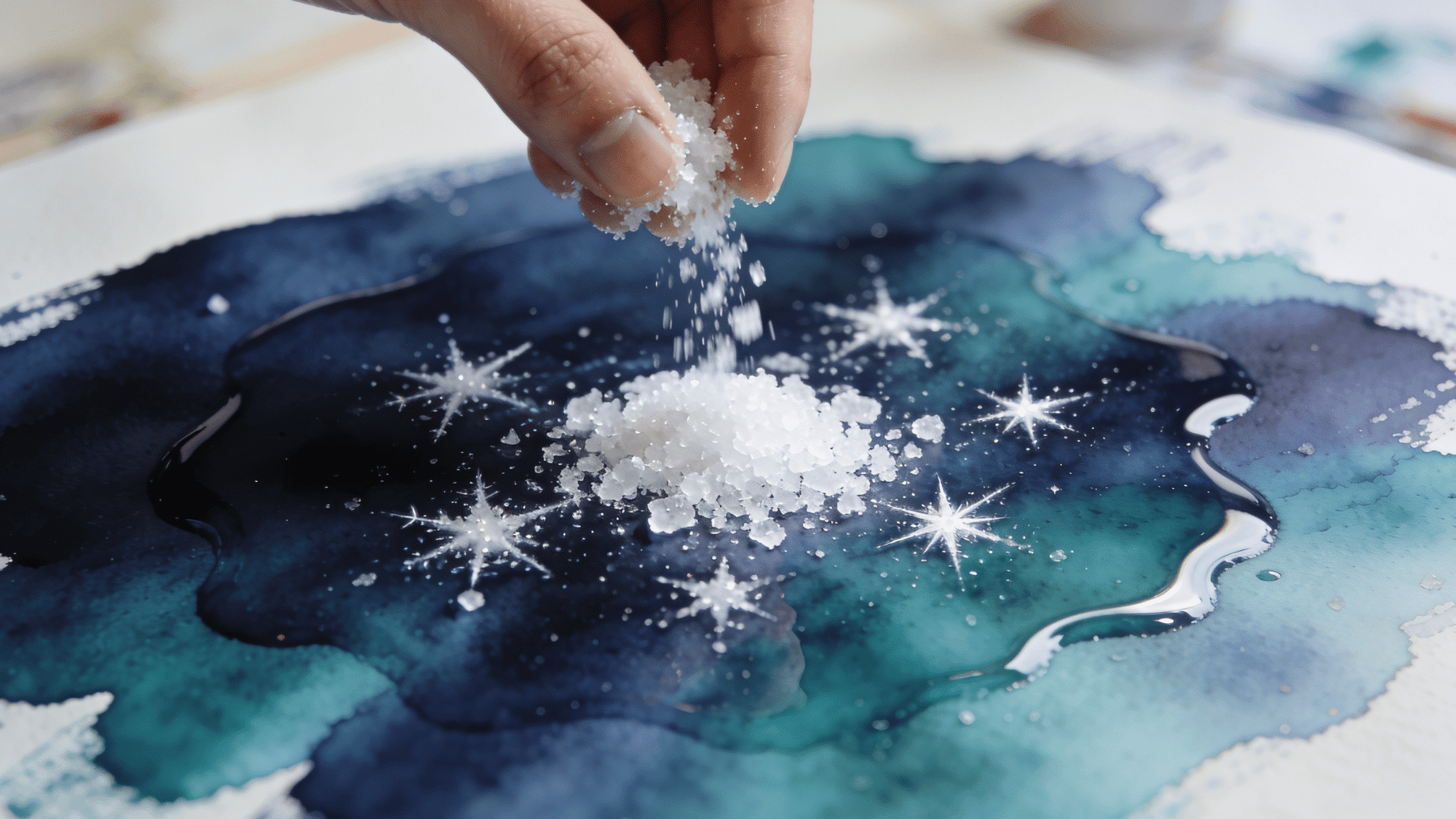 sprinkling salt on wet watercolor galaxy painting to create starburst texture effects