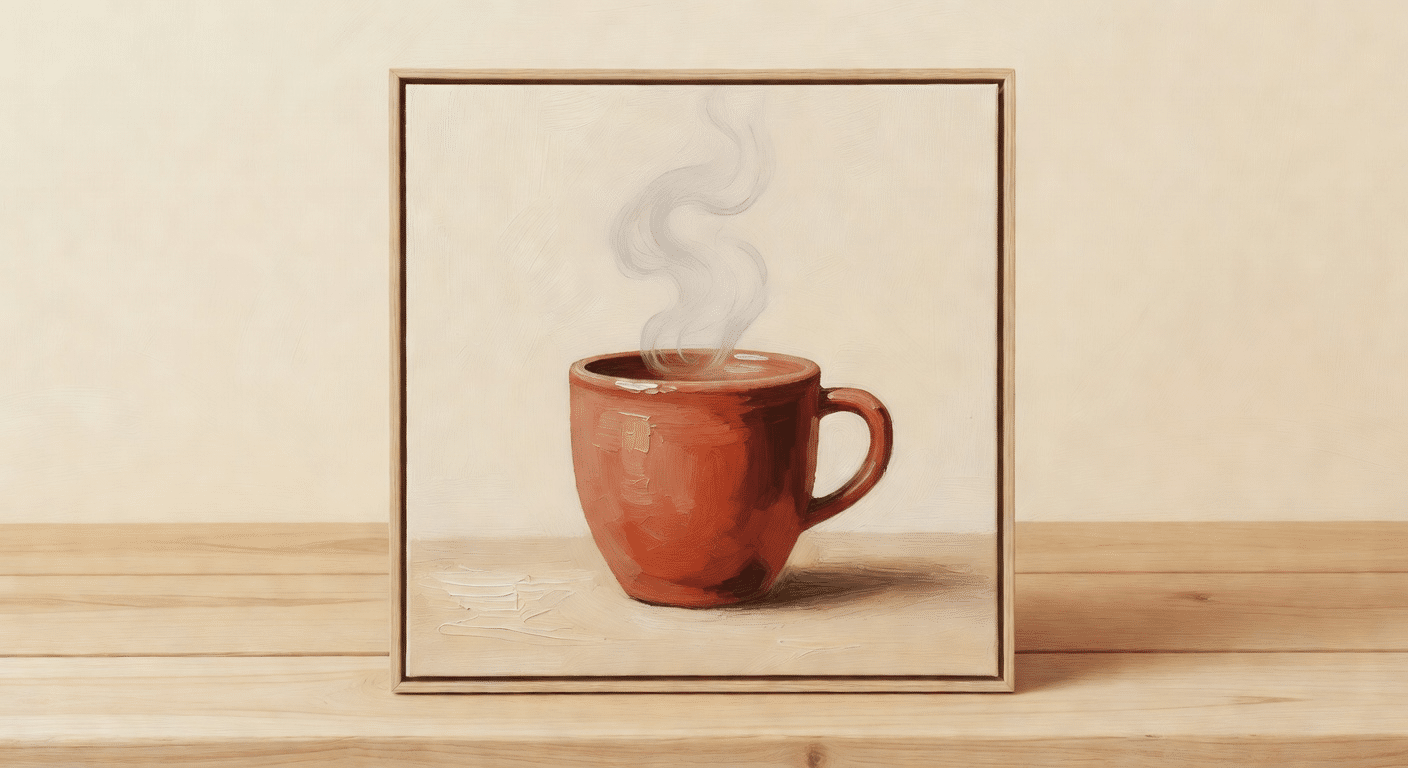 a simple terracotta coffee mug with soft grey steam curls rising against a warm cream background.