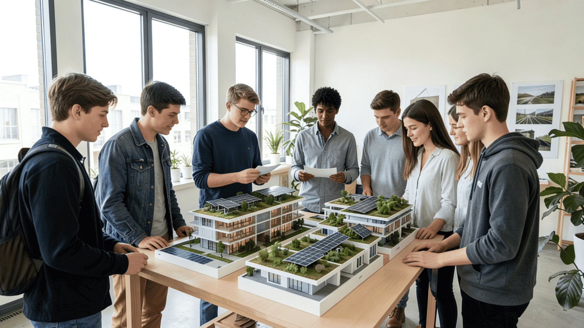 students collaborating on sustainable architecture models with solar panels and green roofs in a bright modern studio