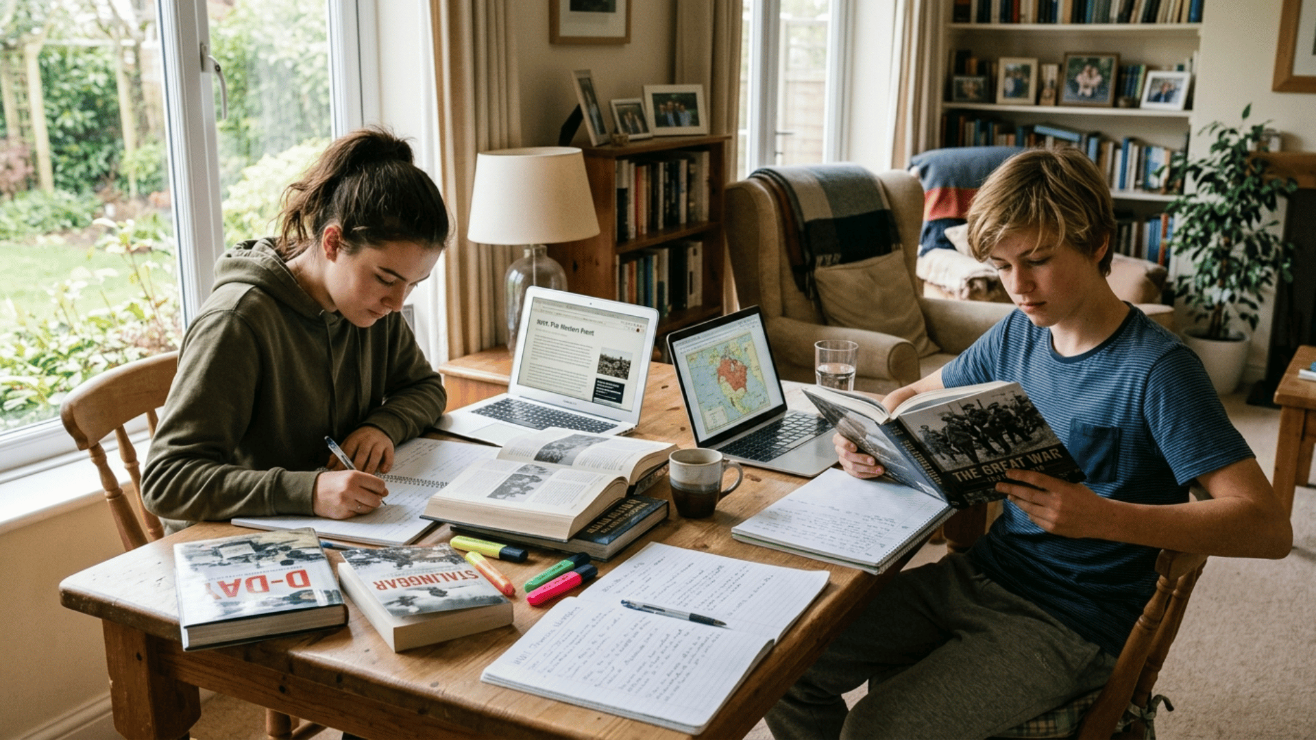 students studying military history at home on Memorial Day, using books and laptops in a relaxed school holiday setting