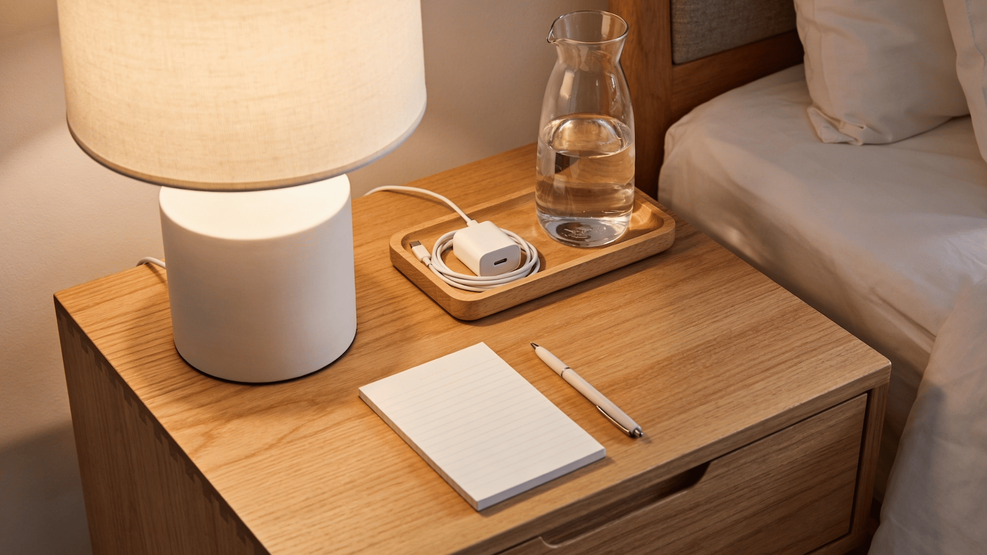styled guest bedroom nightstand with a lamp, wooden tray, charging cable, water carafe, and notepad