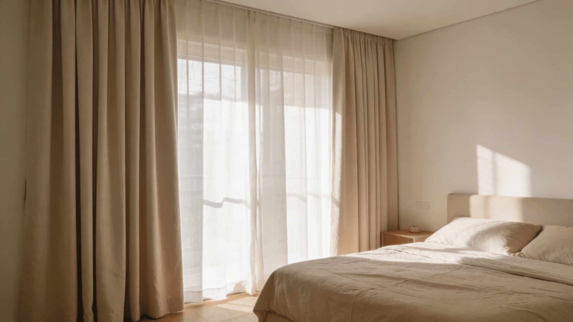 sunlit bedroom with sheer curtains neutral bedding and soft warm light creating calm peaceful atmosphere