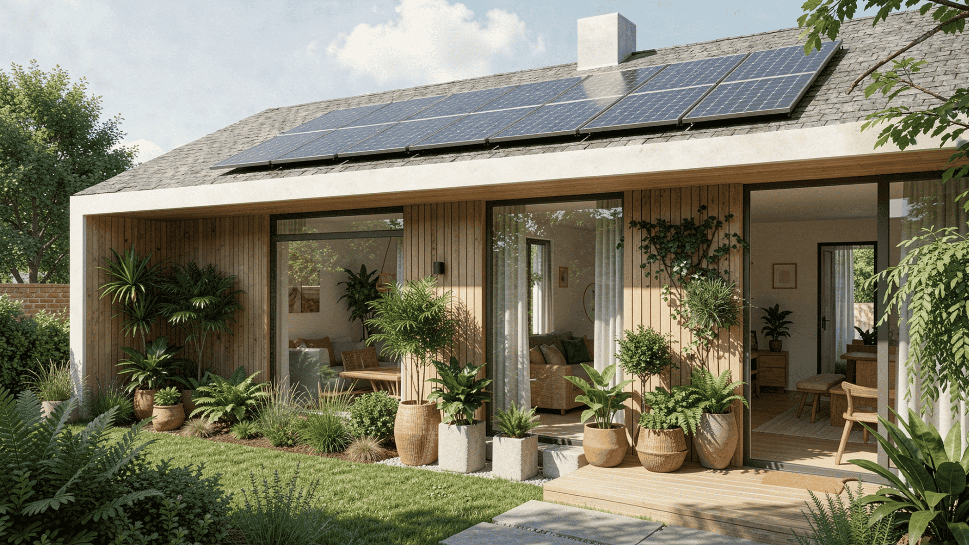 sustainable solar-powered home with lush landscaping, natural wood exterior, and bright open-concept living spaces