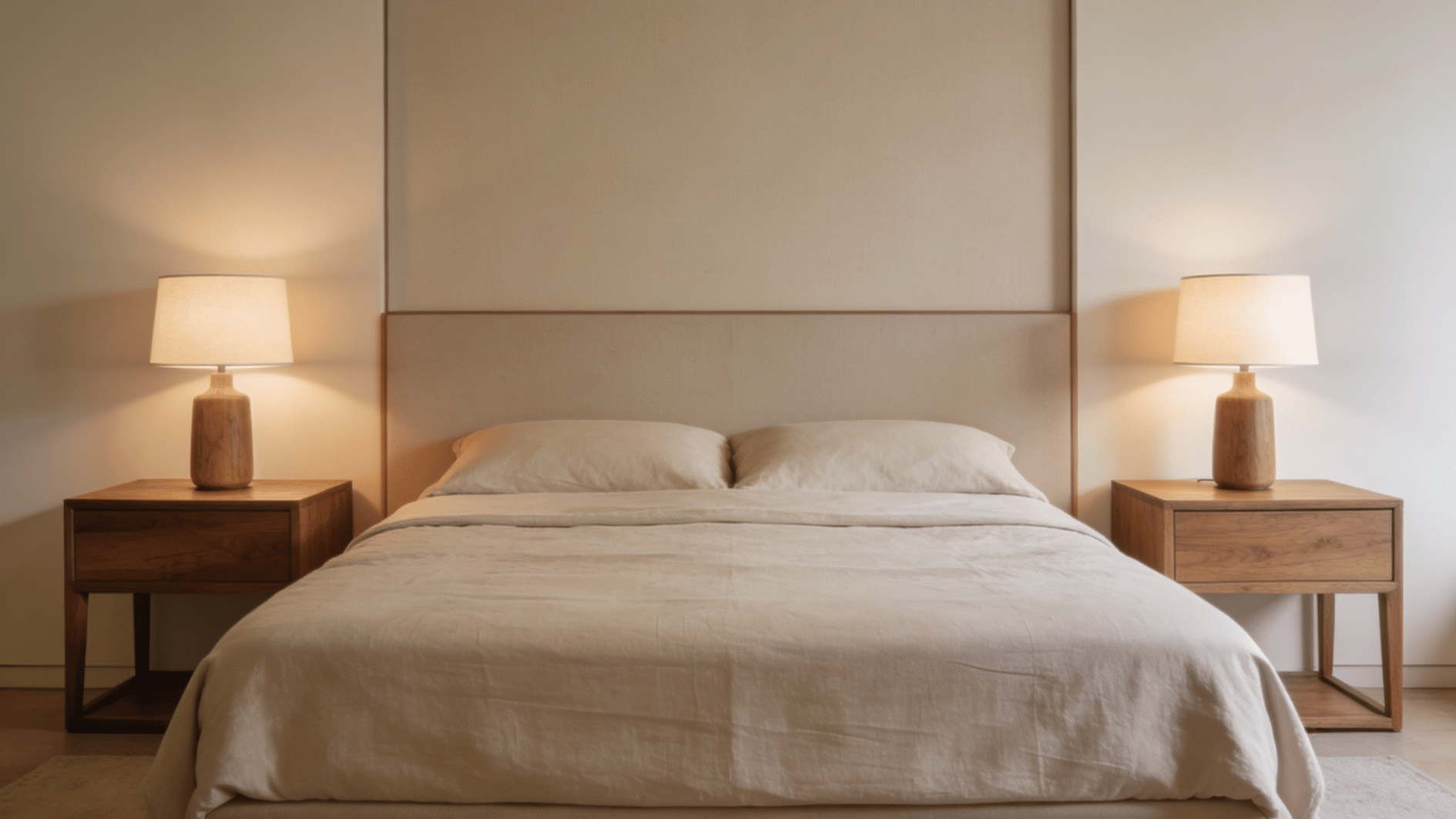 symmetrical bedroom with padded headboard wooden nightstands warm lamps and neutral linen bedding