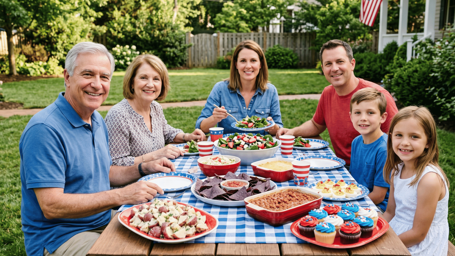 table full of red white blue food, family serving and eating together, festive outdoor vibe