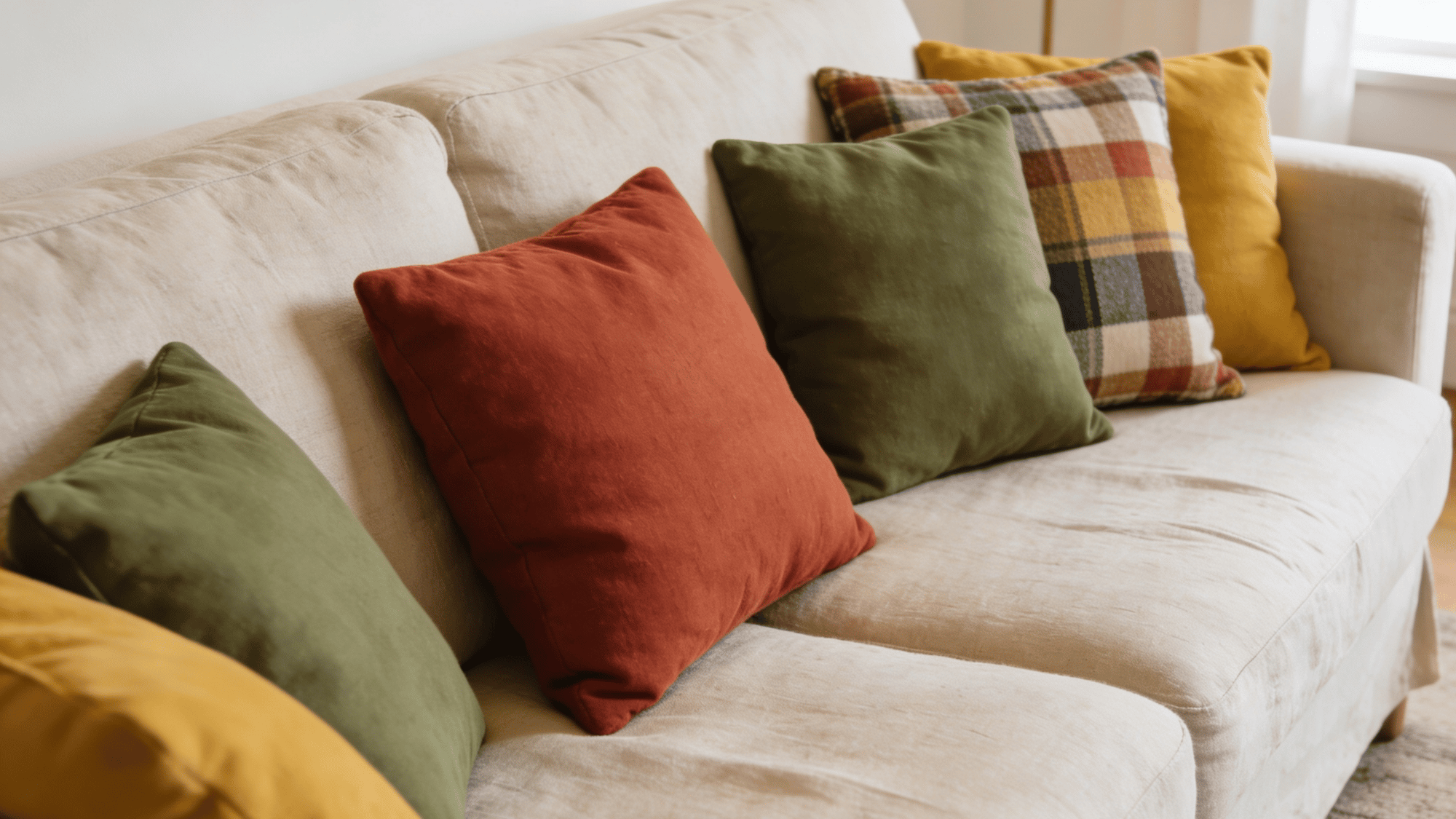 terracotta olive and mustard throw pillow covers on a neutral linen sofa in a fall styled living room