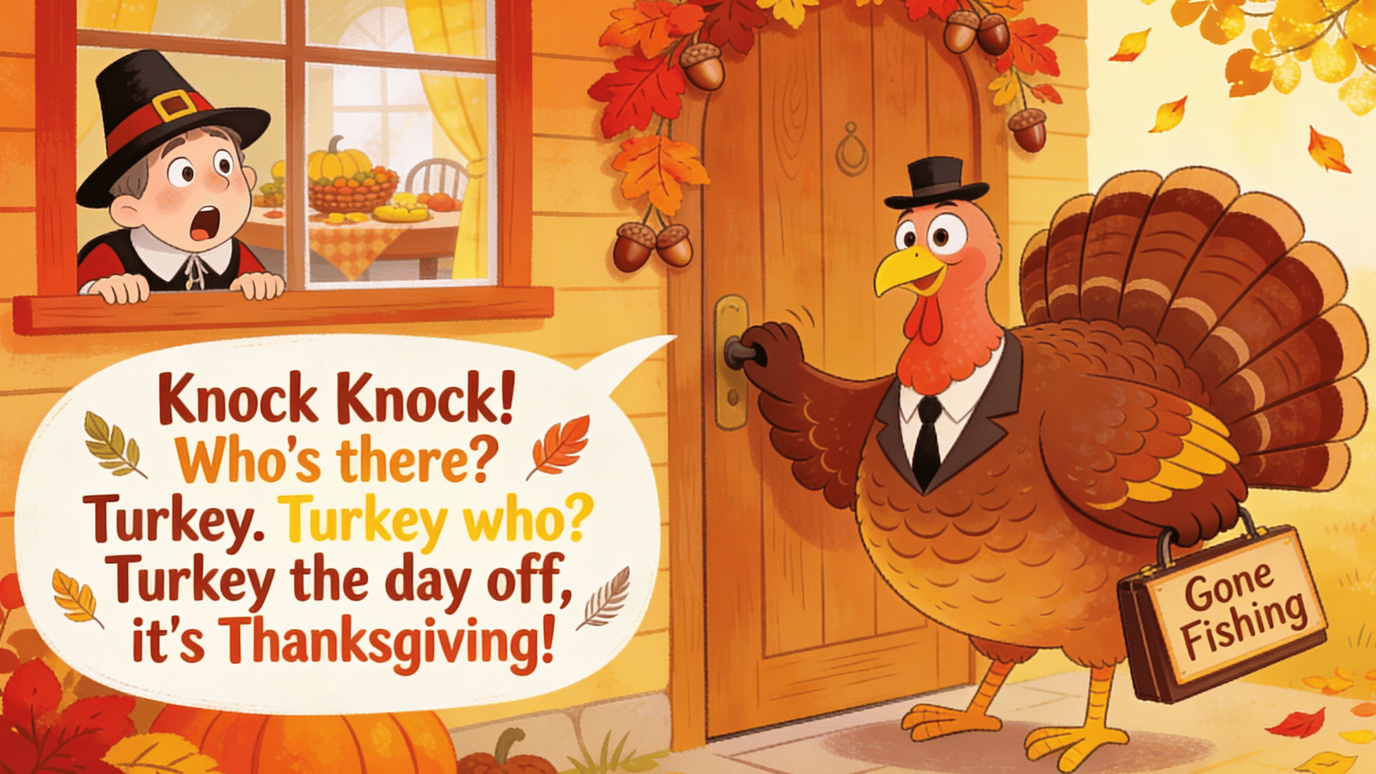 thanksgiving turkey knock knock joke with autumn leaves and funny cartoon turkey