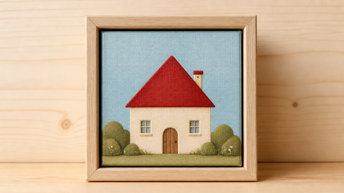 cozy storybook cottage with a red peaked roof, small windows, and green bushes on a soft blue sky.