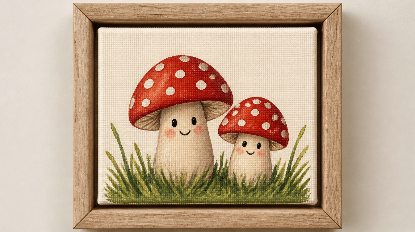 A framed square canvas of two cute red mushrooms with white spots and smiley faces in green grass.