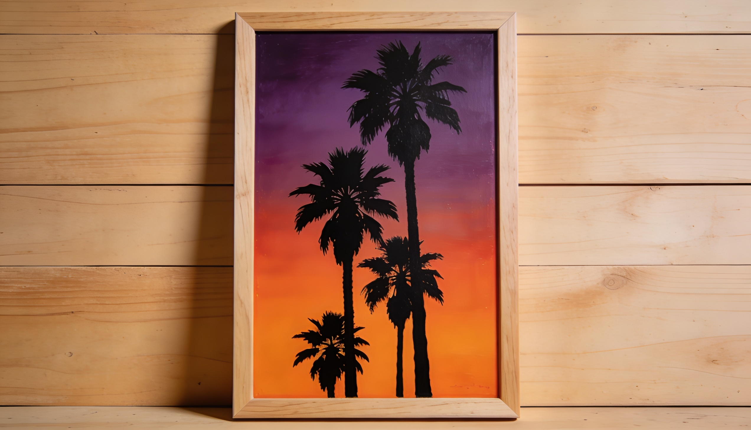 Minimal tropical canvas with black palm trees set against a glowing purple and orange horizon.
