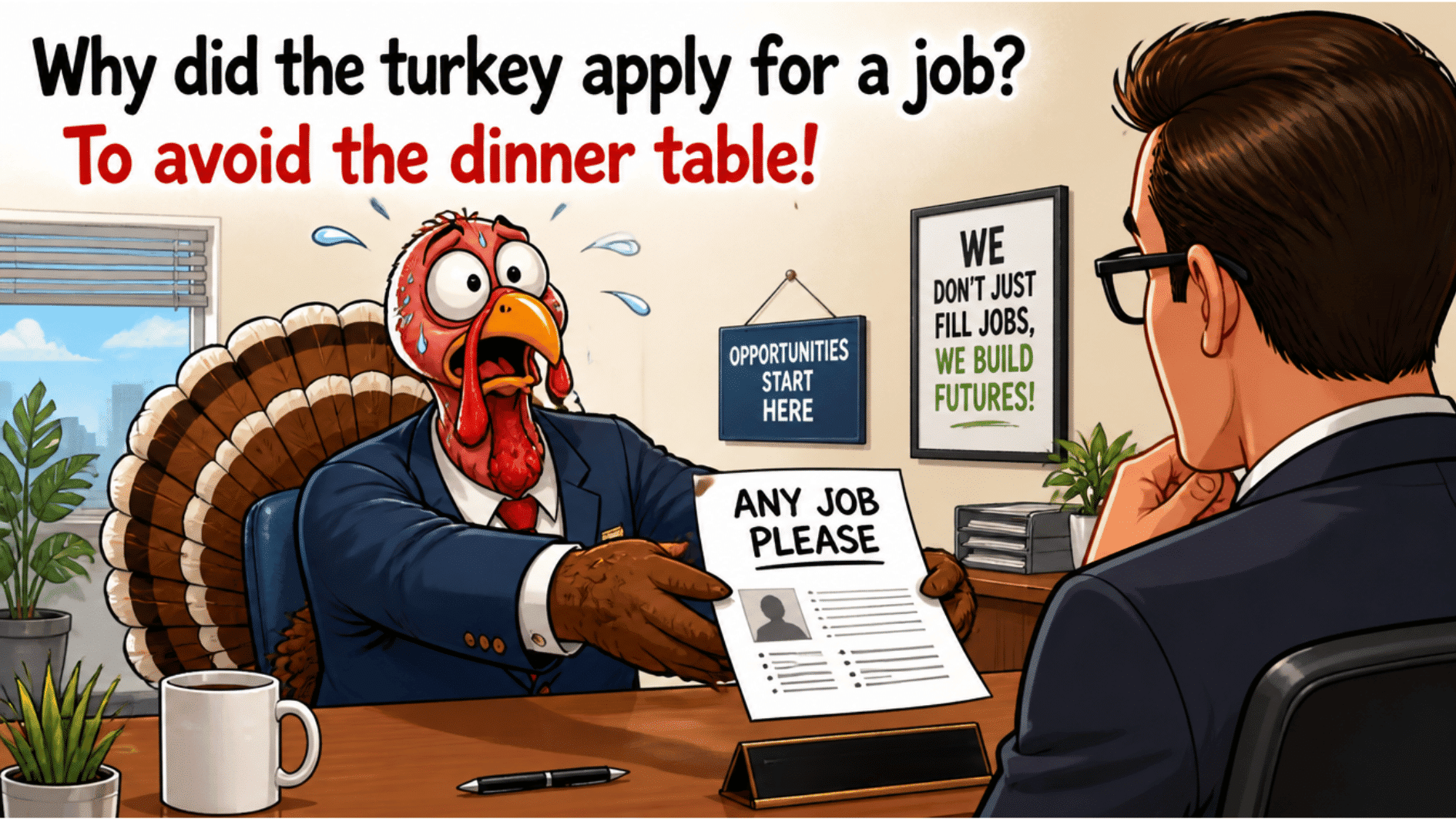 turkey in suit begging for job interview to escape thanksgiving dinner table funny office scene