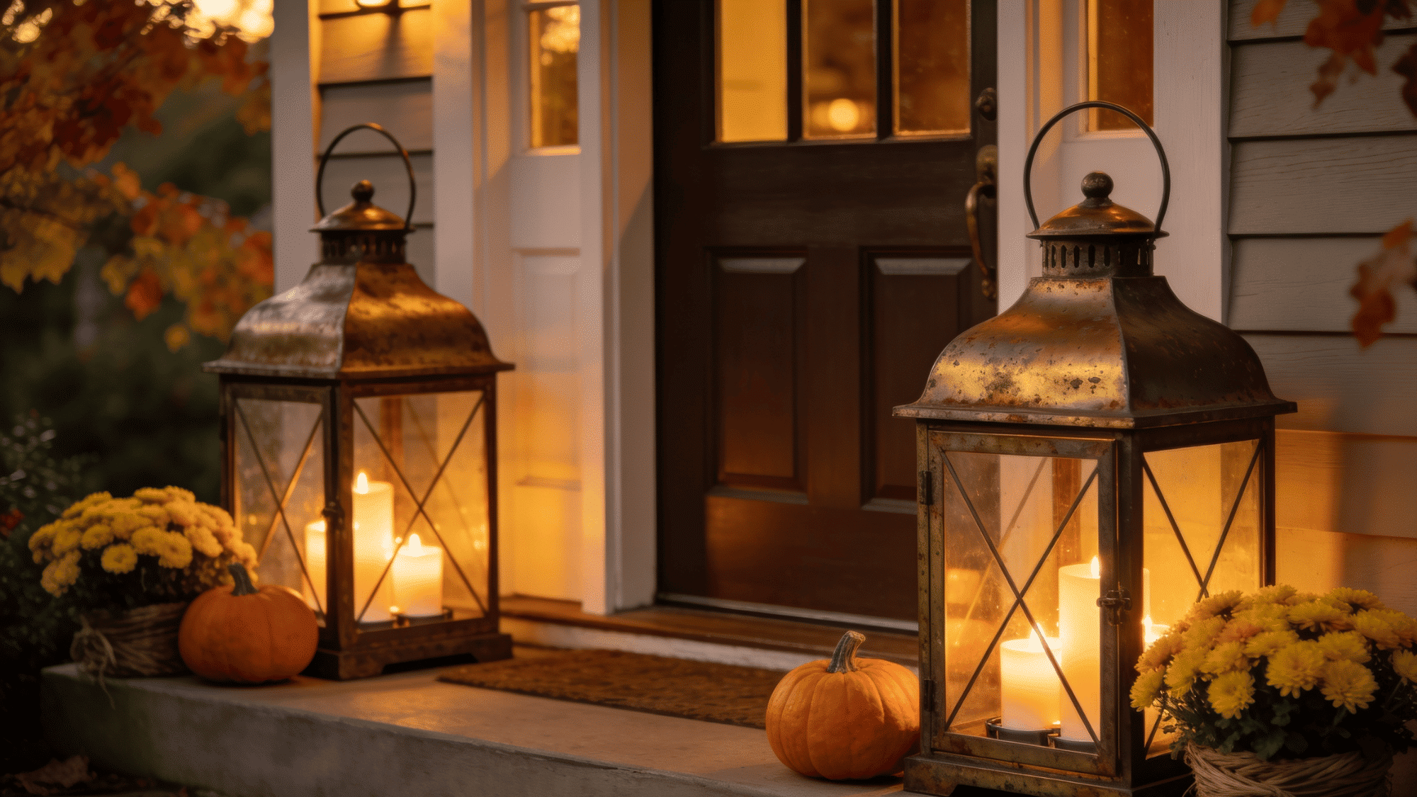 two bronze lanterns with glowing candles flanking a front door with pumpkins and mums in fall evening light
