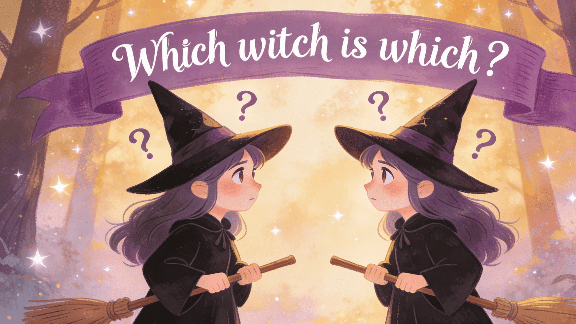 two cartoon witches holding brooms with matching outfits and question marks
