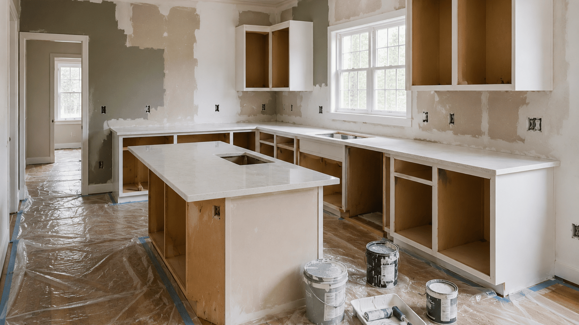 unfinished kitchen remodel with installed countertops cabinets and island during home renovation and interior construction work