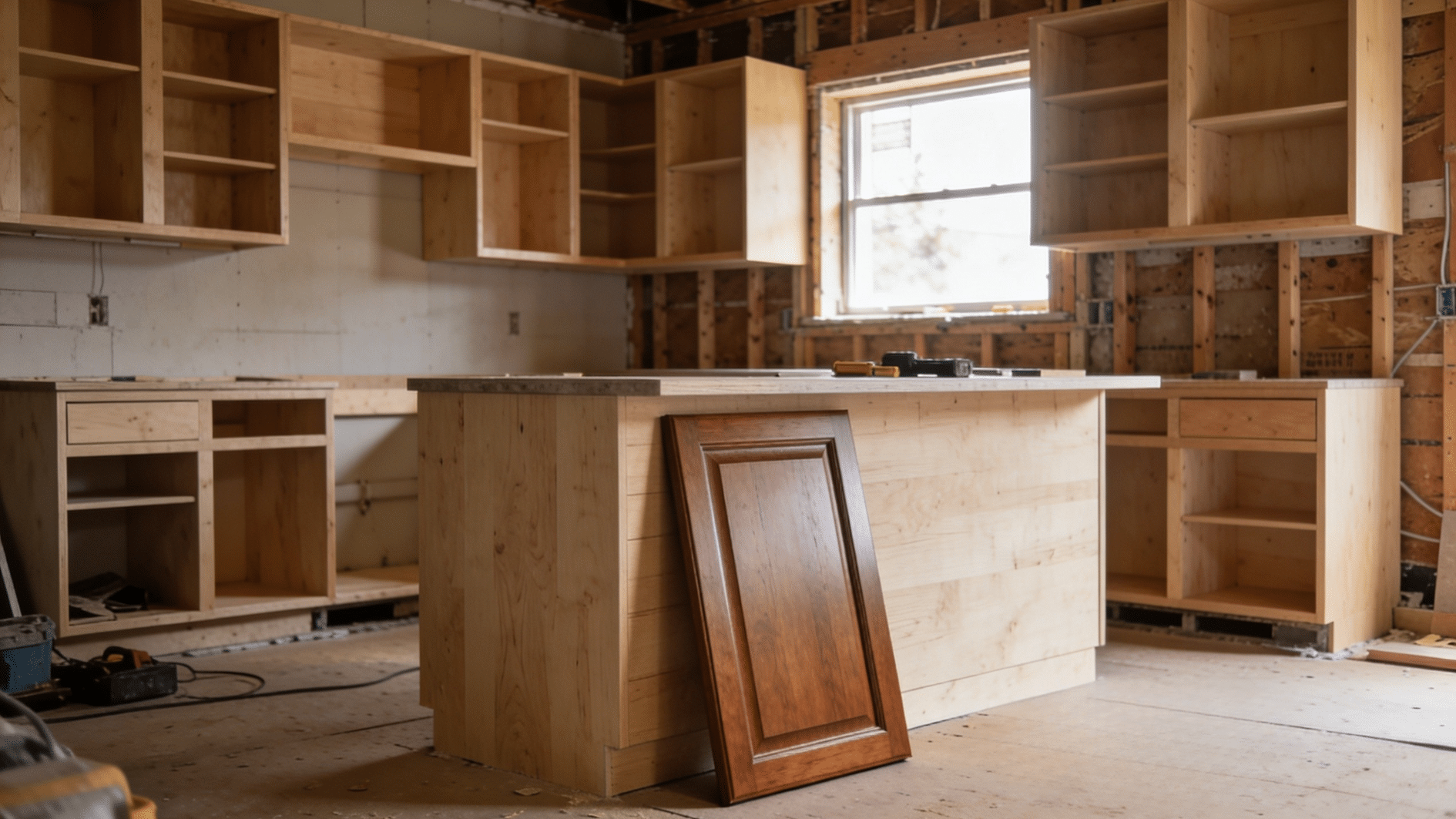 unfinished kitchen with wooden cabinets and island under construction during home renovation project in bright interior space
