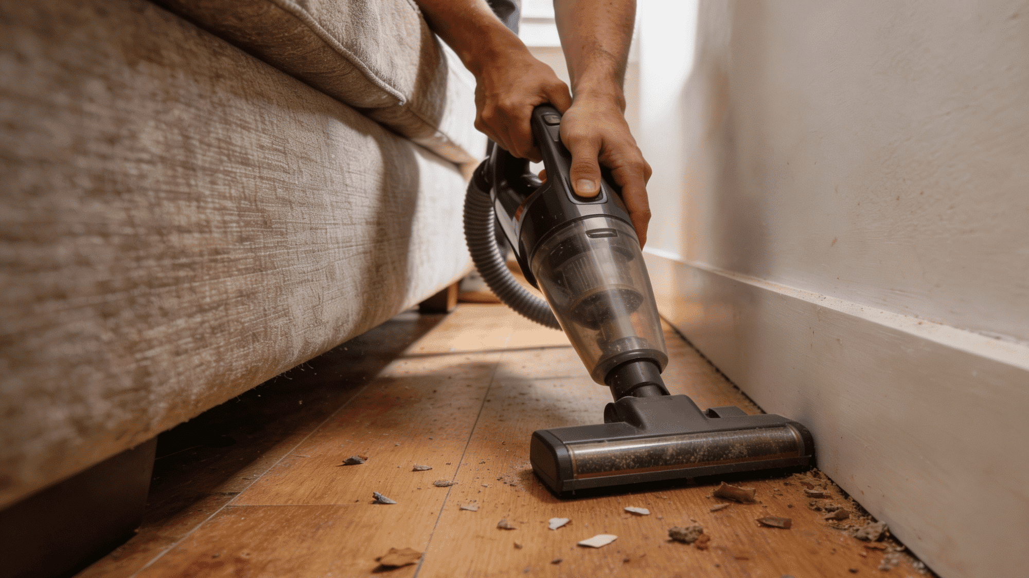 vacuuming dust and debris from a wooden floor beside a sofa with a handheld vacuum