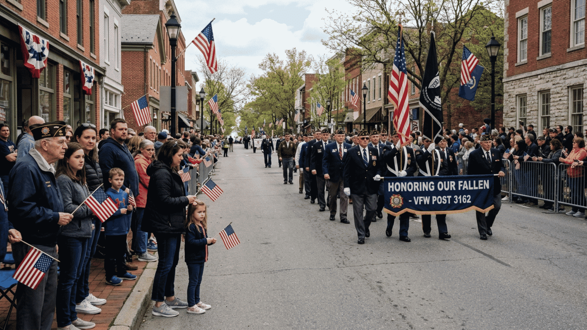 veterans marching solemnly in a memorial day parade while families watch quietly with respectful expressions on the sidewalk