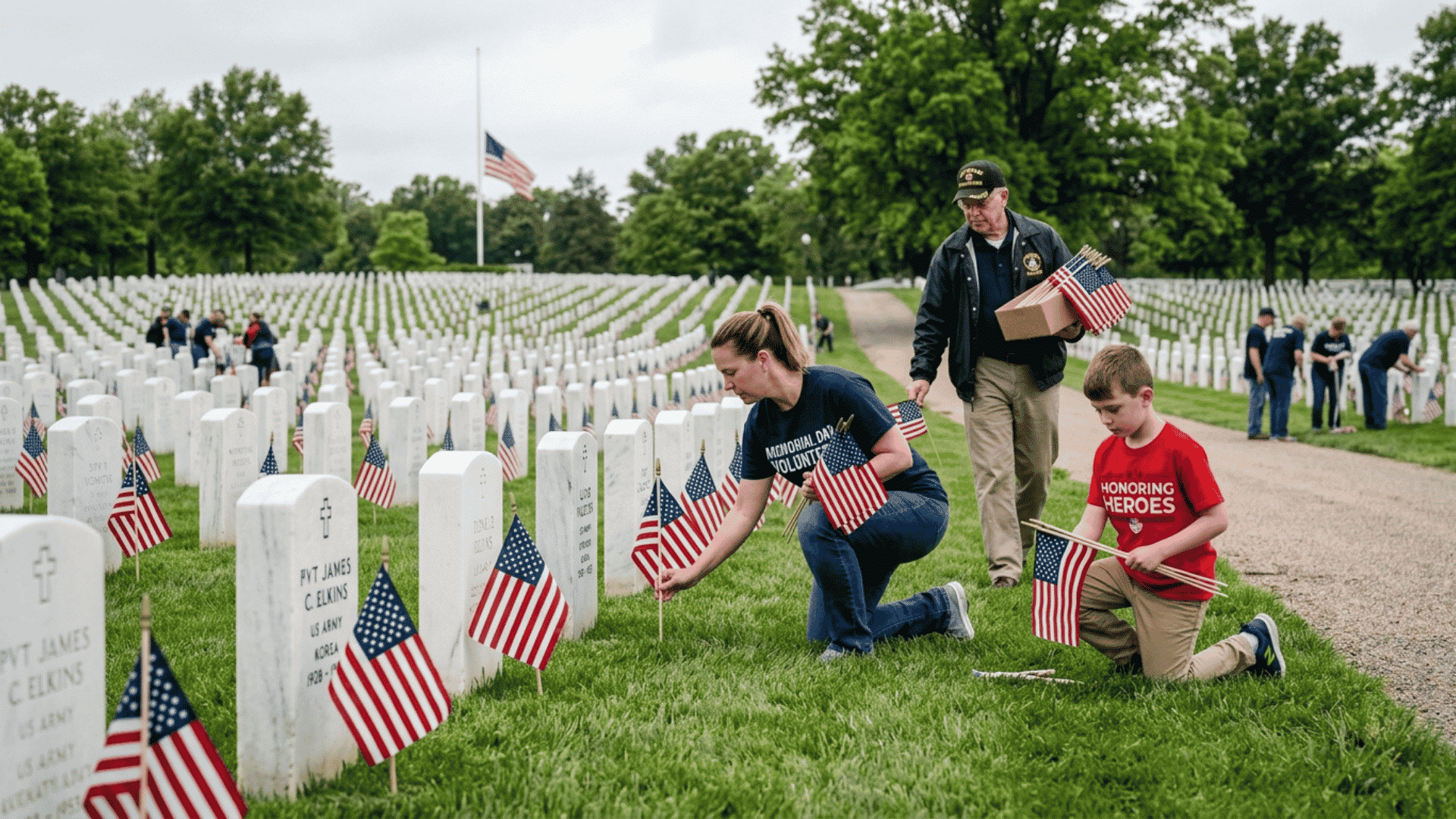 volunteers placing american flags on military graves in a cemetery on memorial day