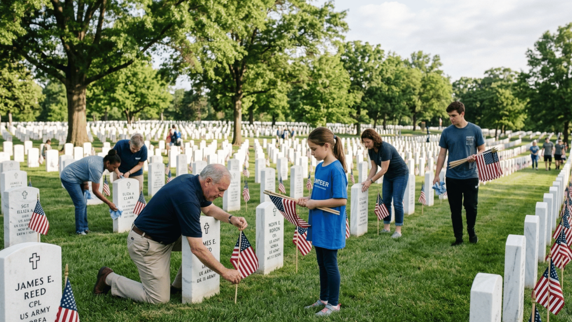 volunteers placing american flags on military graves at a cemetery during a memorial day remembrance event