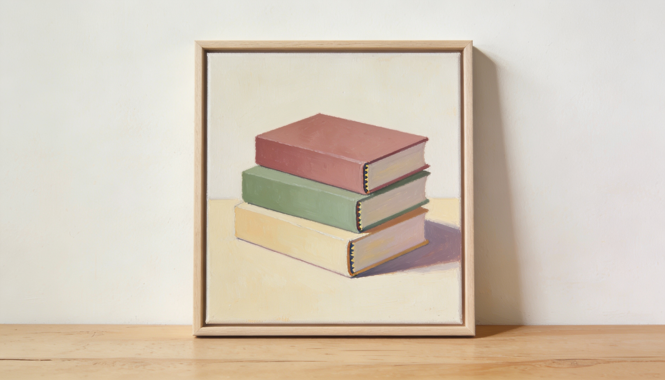 canvas of softly colored stacked vintage books in dusty rose, sage green, and warm cream at gentle angles.