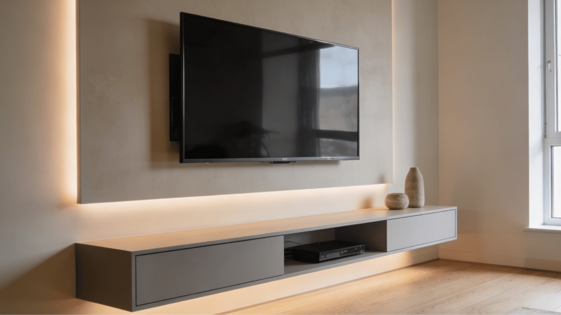 wall mounted flat screen tv with floating media console and warm ambient lighting in modern interior