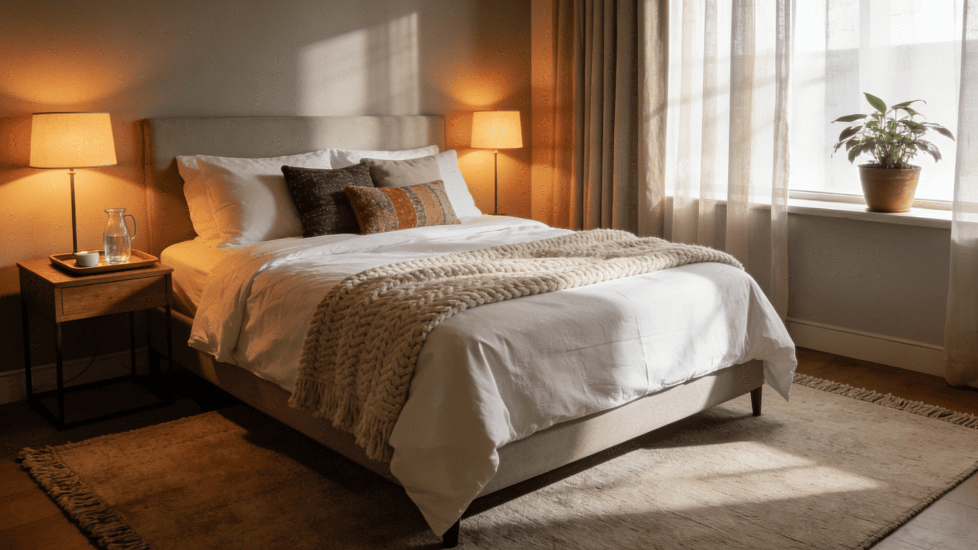 warm guest bedroom with layered white bedding, soft lighting, sheer curtains, a wooden nightstand, and a potted plant