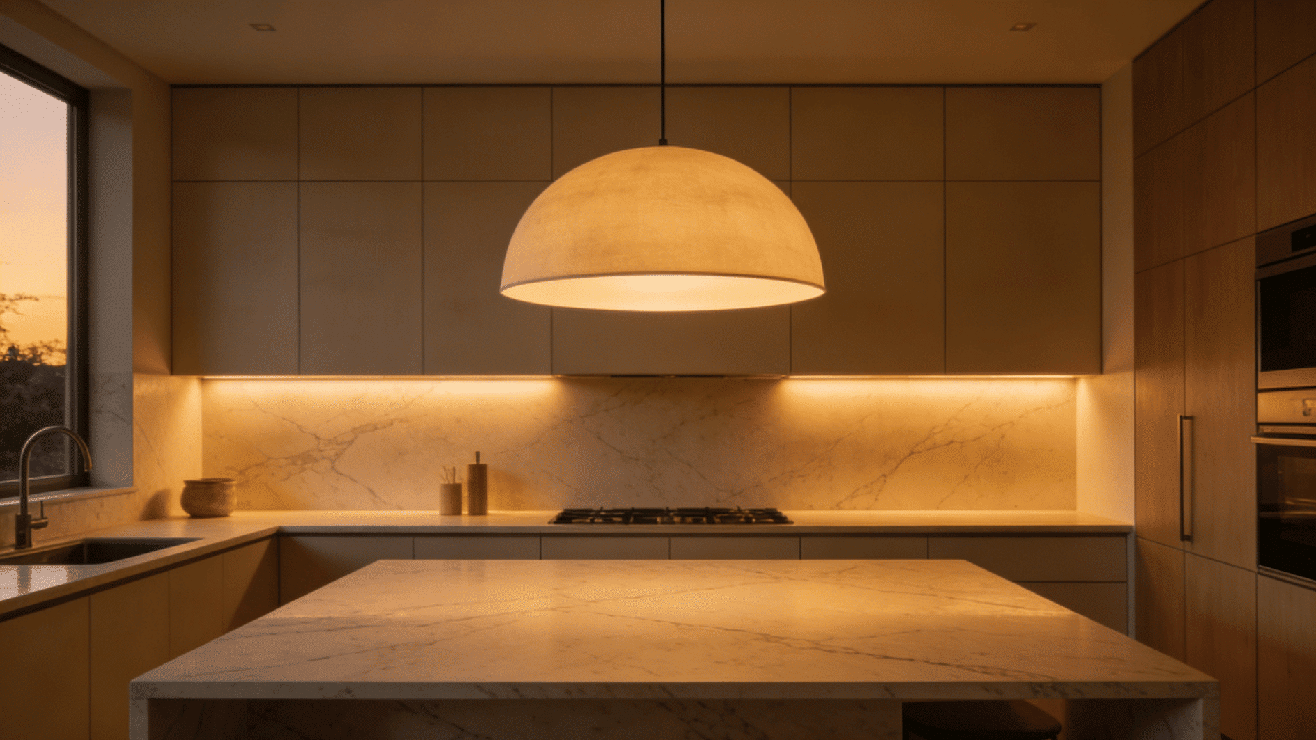warm luxury kitchen with marble island glowing pendant light and ambient under cabinet lighting at dusk