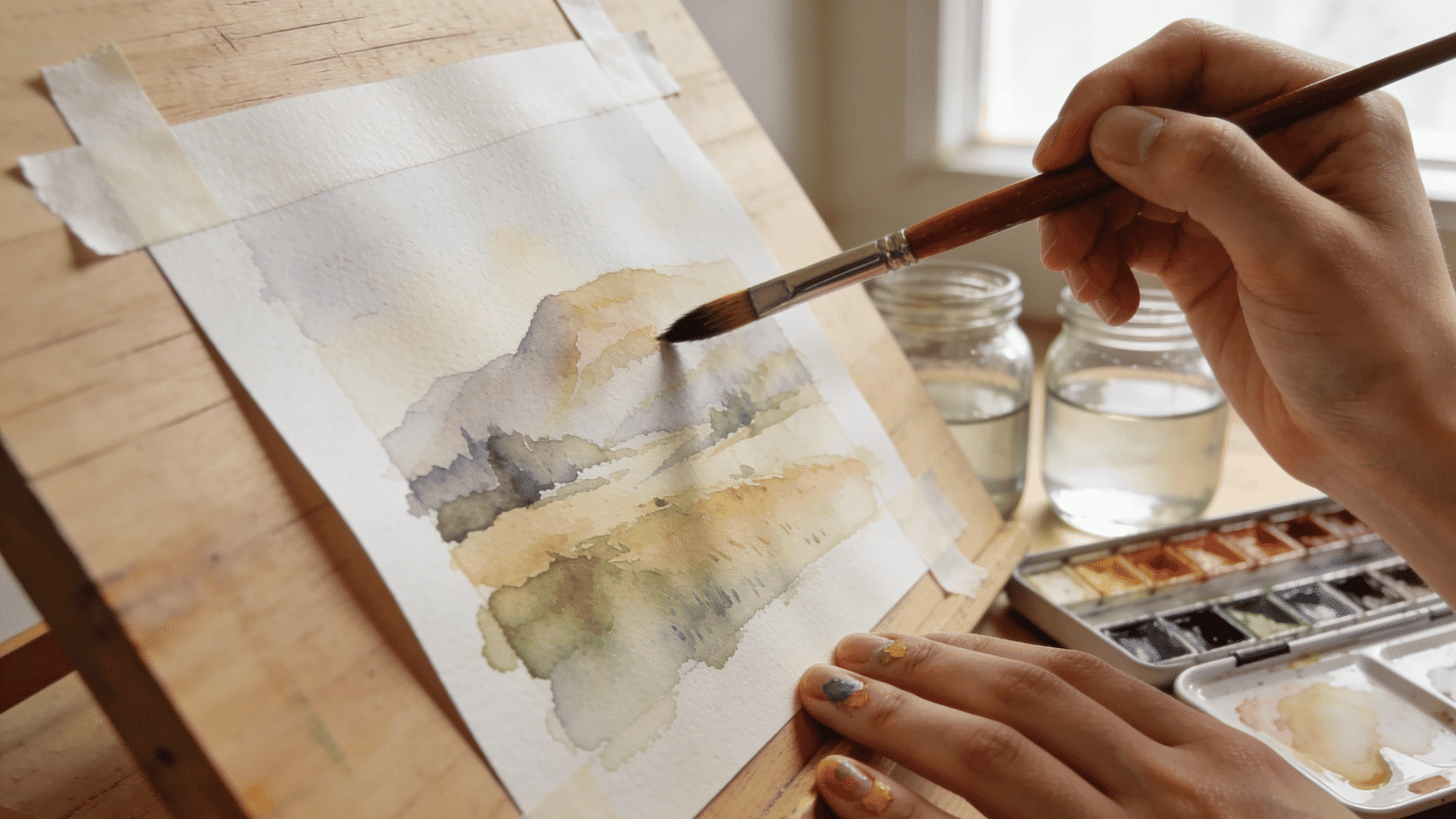 watercolor artist painting soft pastel landscape on textured paper with palette and brushes nearby