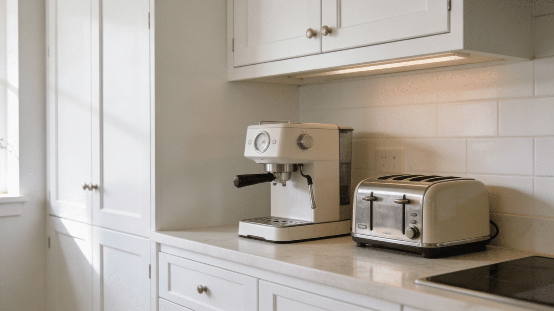 white kitchen countertop with espresso machine toaster and soft daylight beside clean modern cabinets
