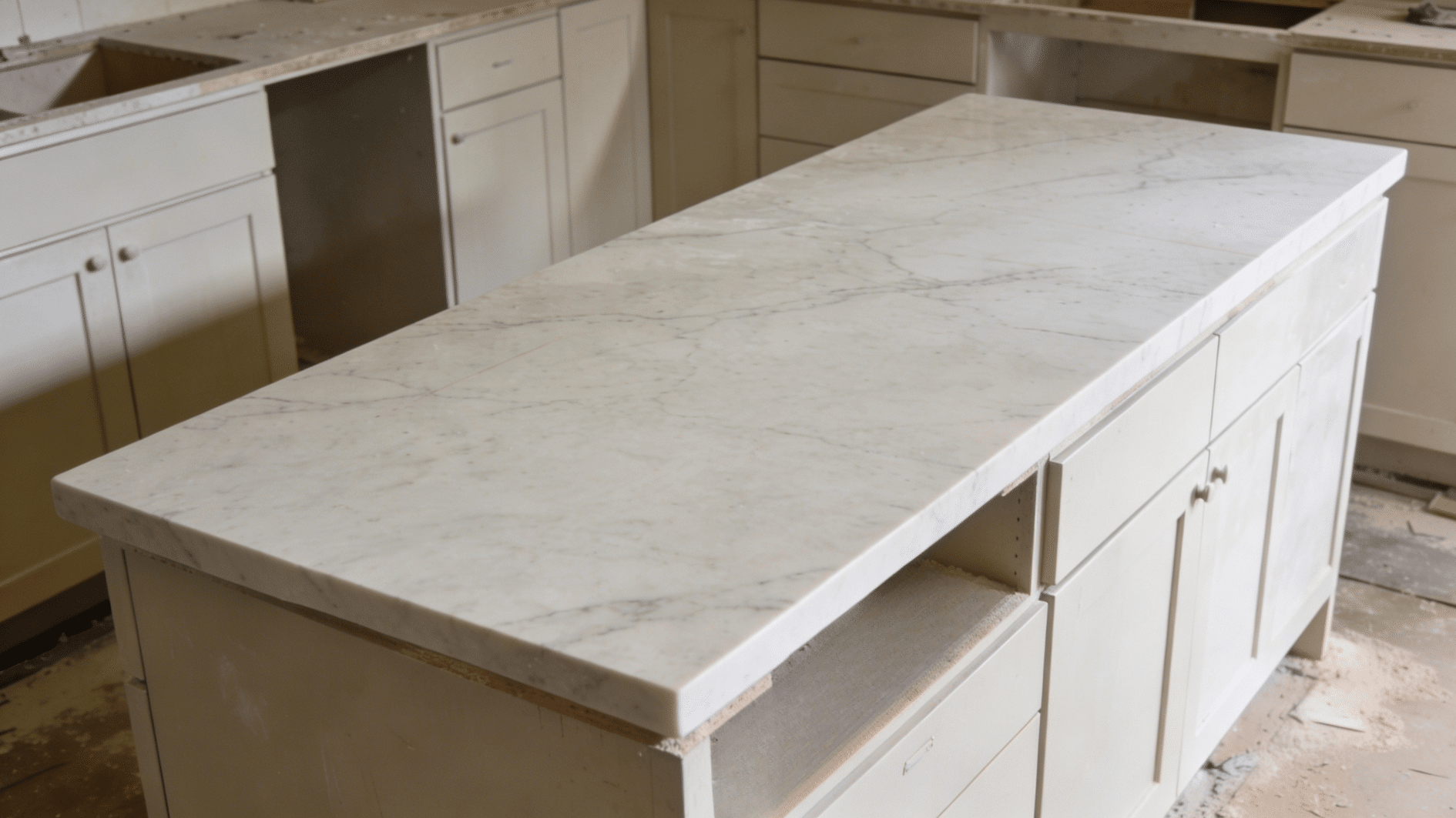 white marble countertop installed on kitchen island with unfinished cabinets during modern kitchen remodeling work