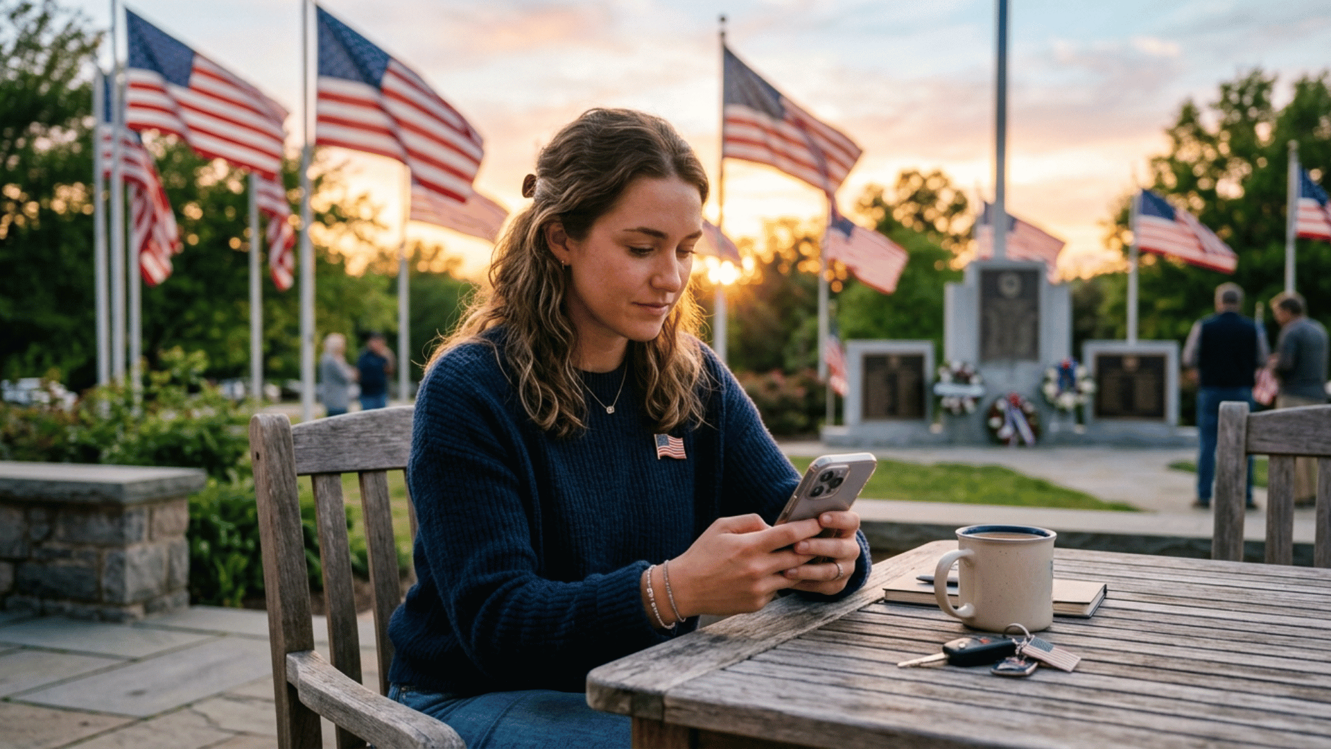 woman posting a Memorial Day tribute on social media at sunset, surrounded by American flags and memorial displays. (1)