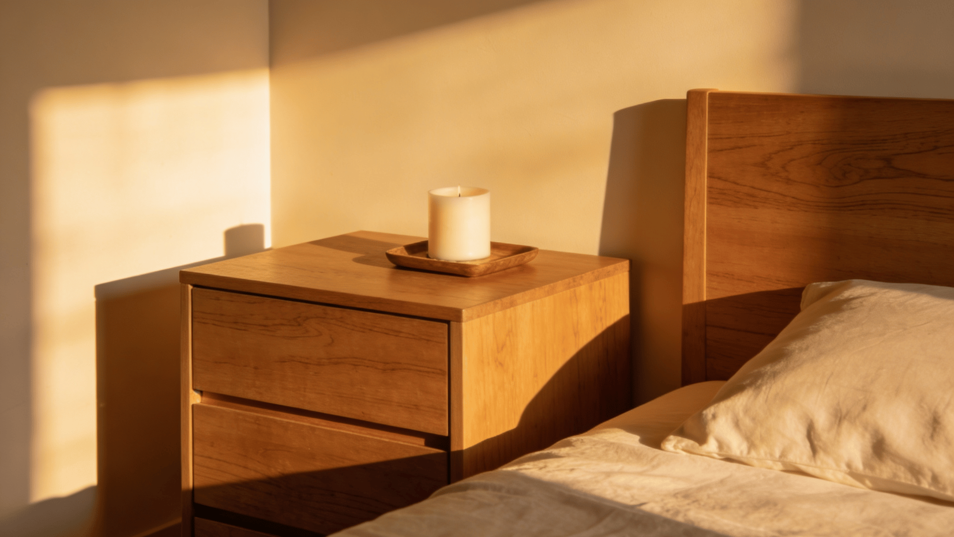 wooden bedside table with candle beside bed glowing in golden sunset light and cozy neutral tones