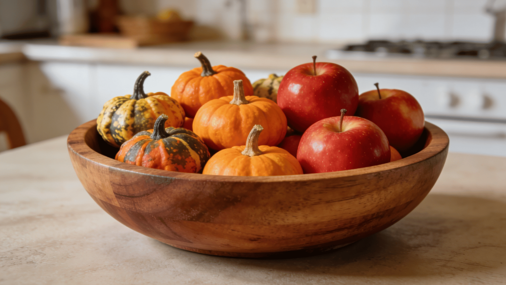 wooden bowl filled with colorful gourds mini pumpkins and red apples as fall kitchen decor on a counter