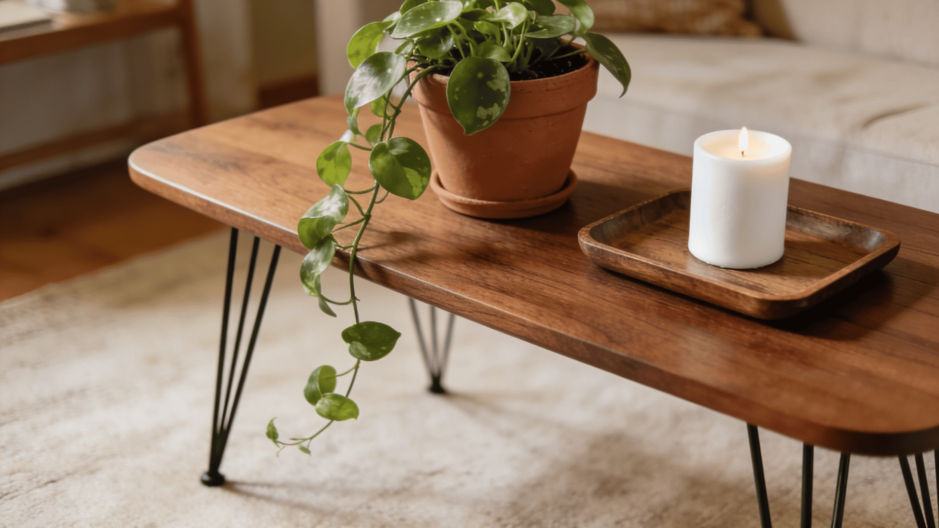 wooden coffee table with potted trailing plant lit candle and minimalist cozy living room styling