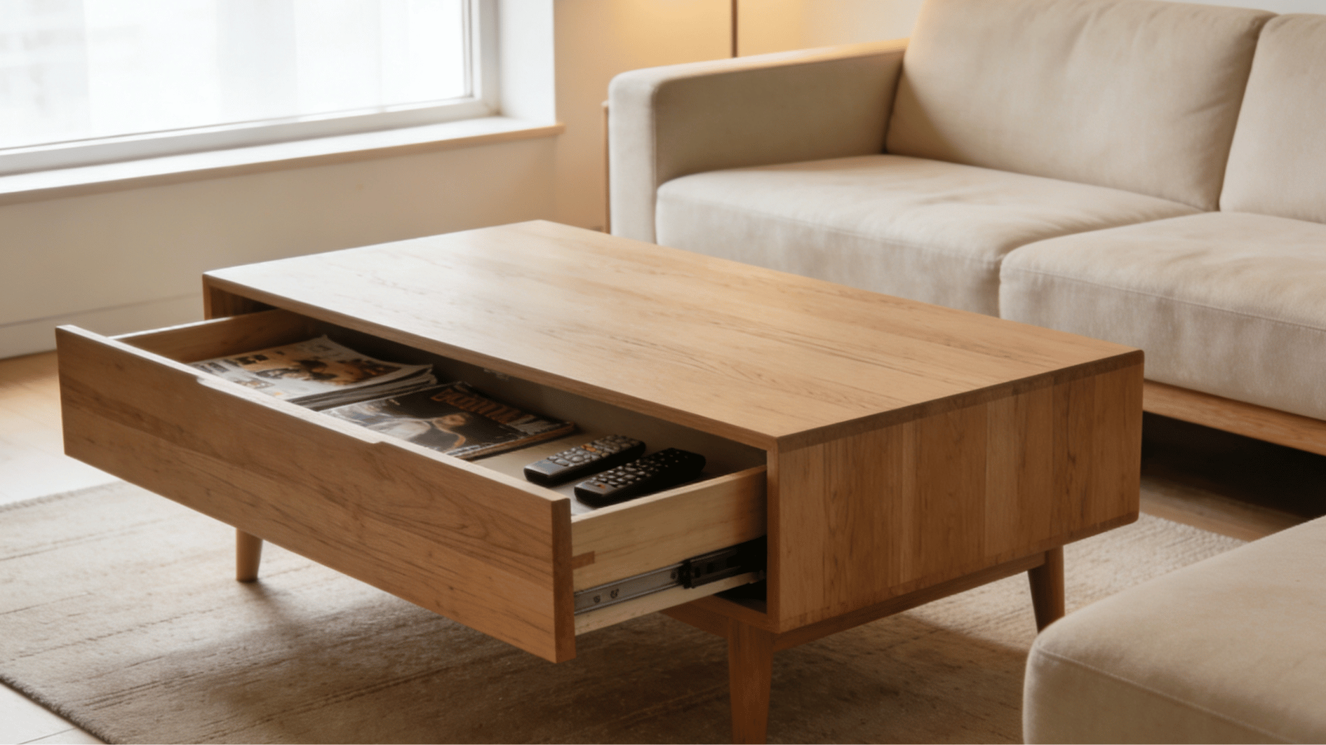 wooden coffee table with storage drawer holding magazines and remotes beside beige sofa in cozy room
