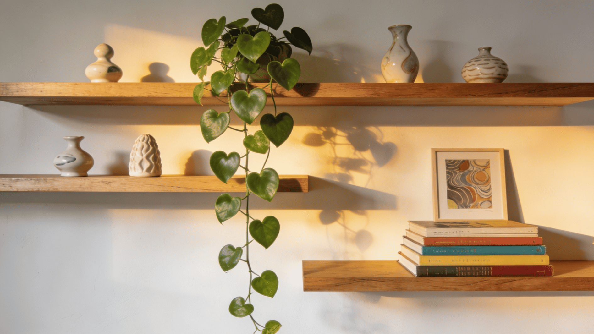 wooden floating shelves with trailing heart leaf plant books and ceramic decor in warm sunlight