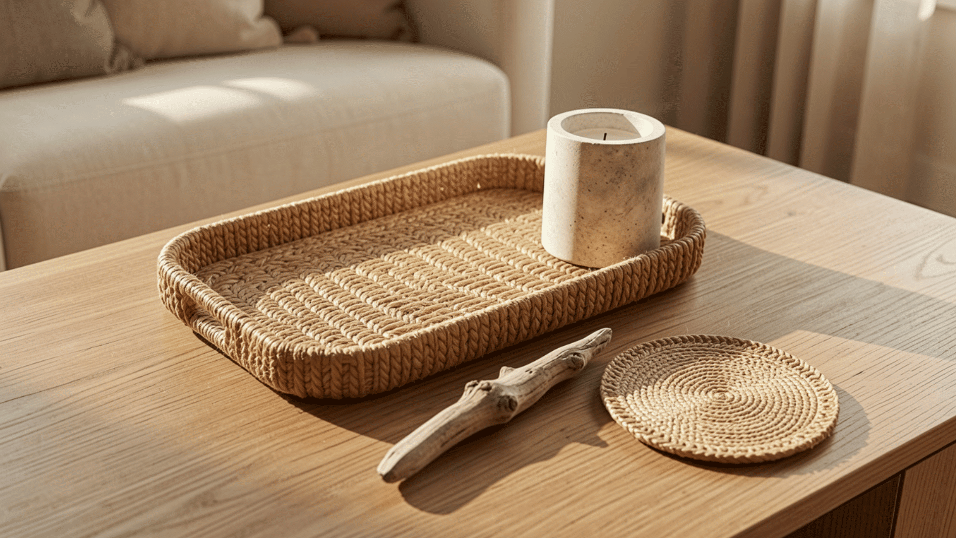woven tray with candle and natural decor on wooden coffee table in warm minimalist living room