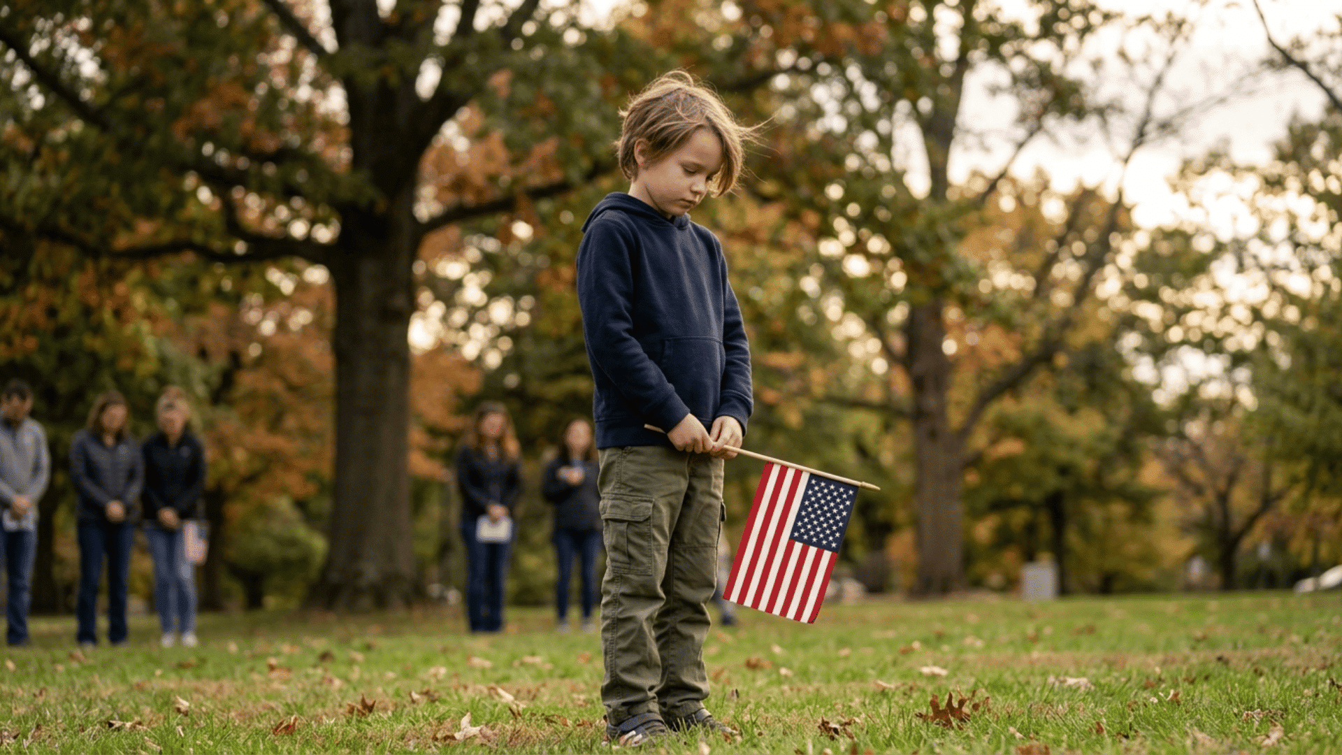 young child holding American flag standing quietly in park during Memorial Day, observing a moment of silence on school holiday
