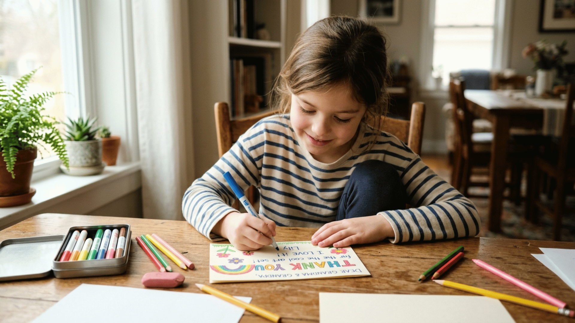 young child writing a thank-you card at home with colored pens, reflecting on Memorial Day during school holiday