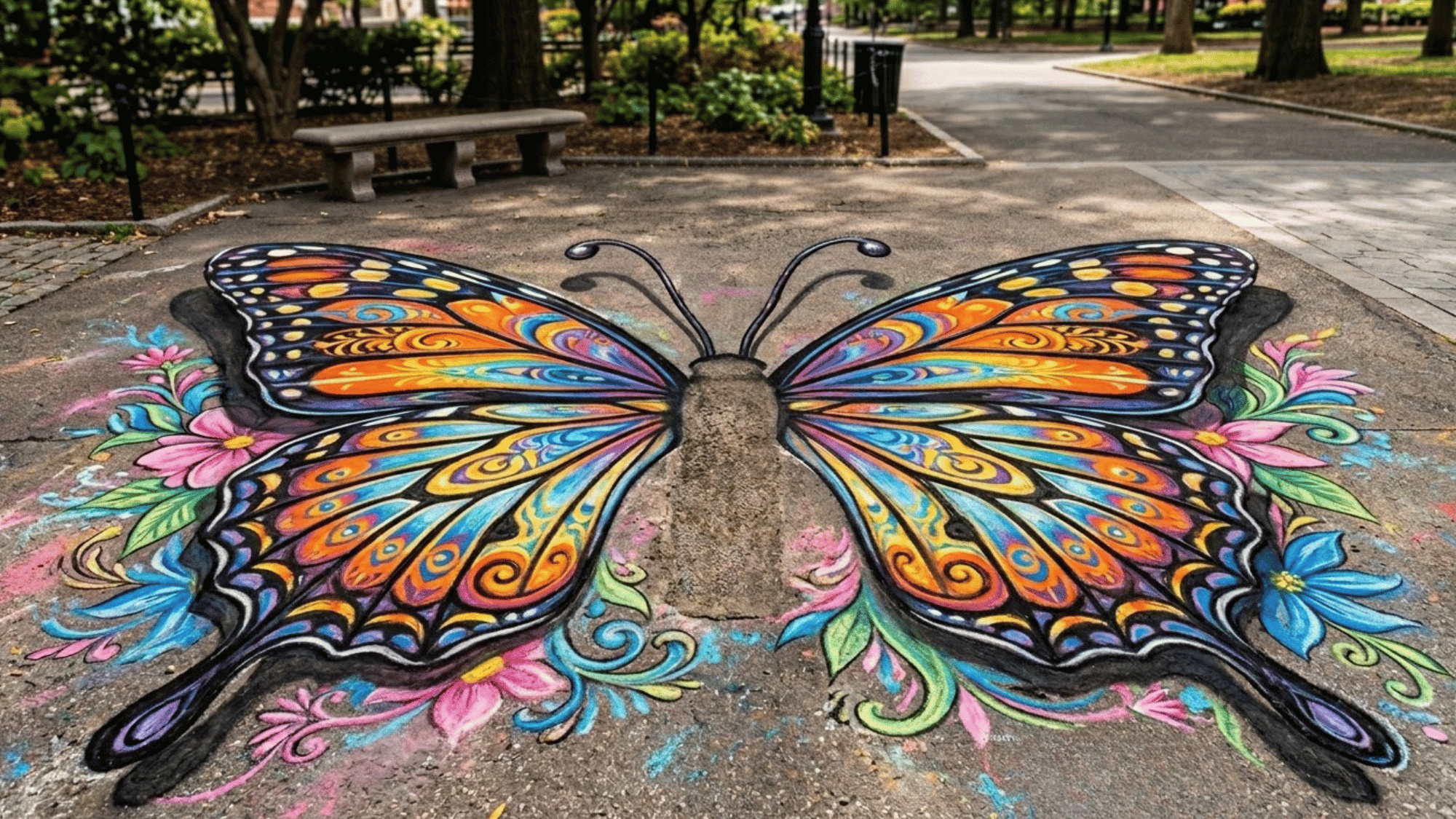 beautiful 3D sidewalk chalk art drawing of giant butterfly wings with bright patterns