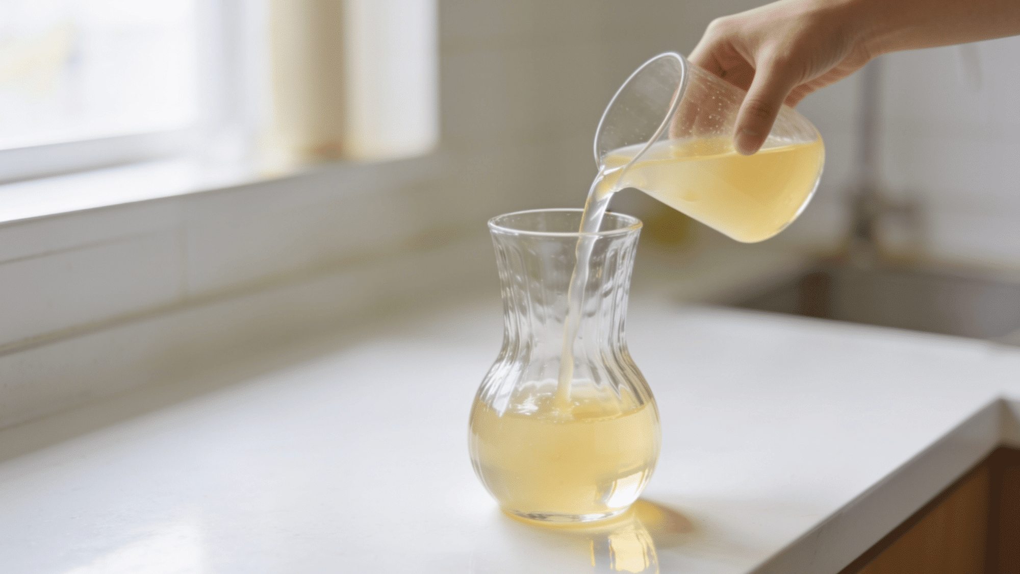a clean glass vase being filled with homemade diy flower food solution on a bright white kitchen counter