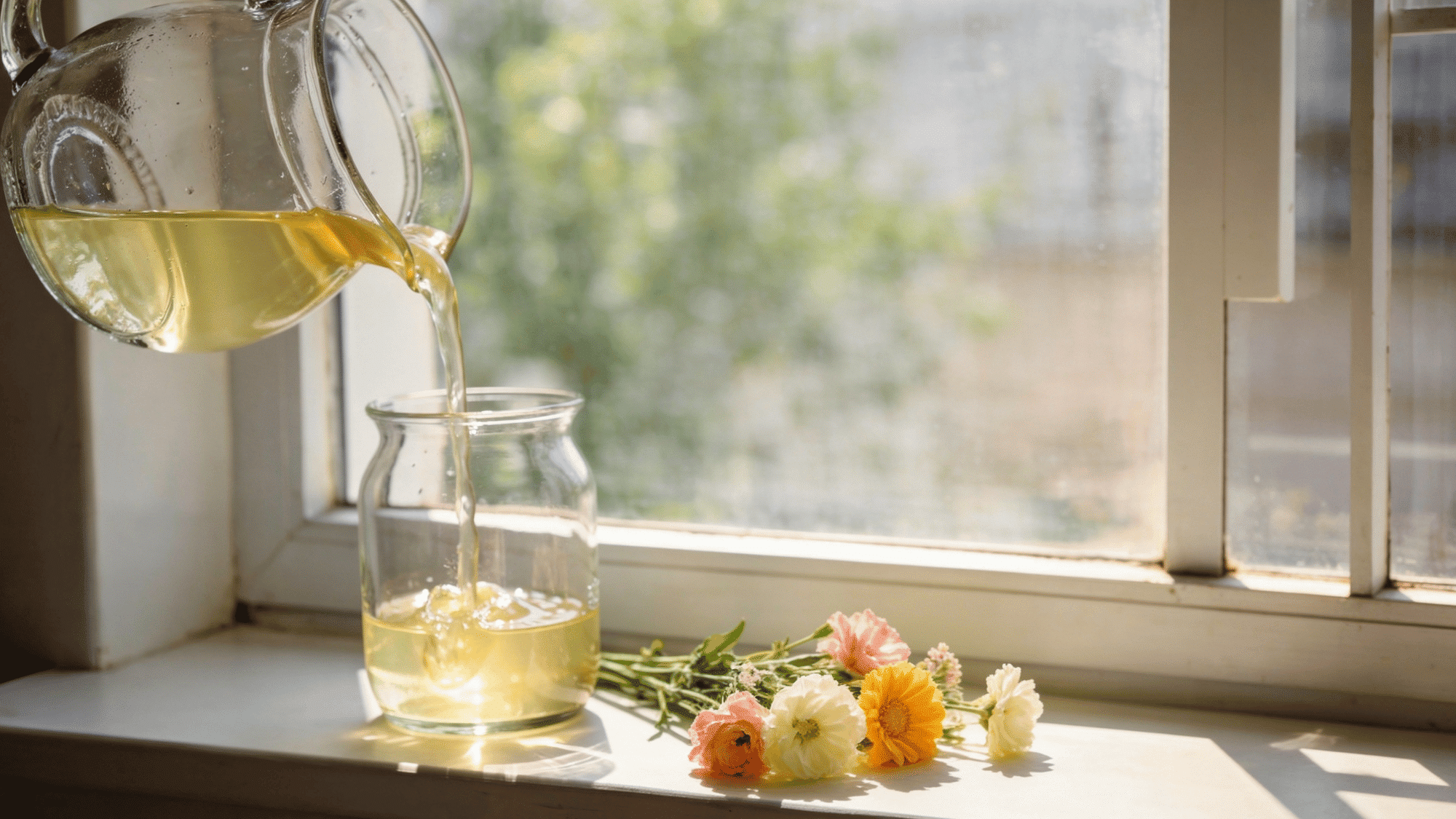 a glass vase of fresh flowers beside a pitcher ready for refreshing the homemade diy flower food solution