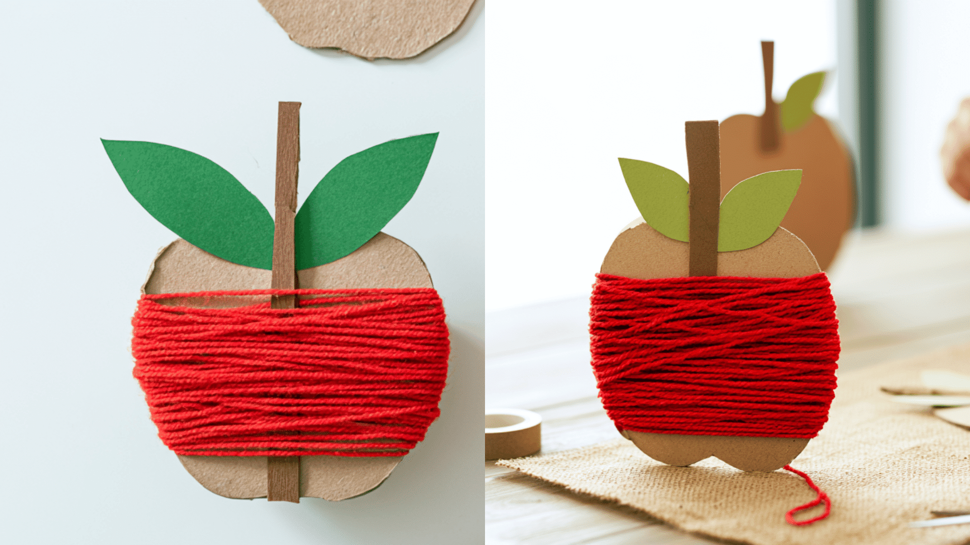 a preschool craft table with yarn wrapped apple crafts, cardboard apple cutouts, red yarn wrapped around the apple shapes, green paper leaves, brown paper stems