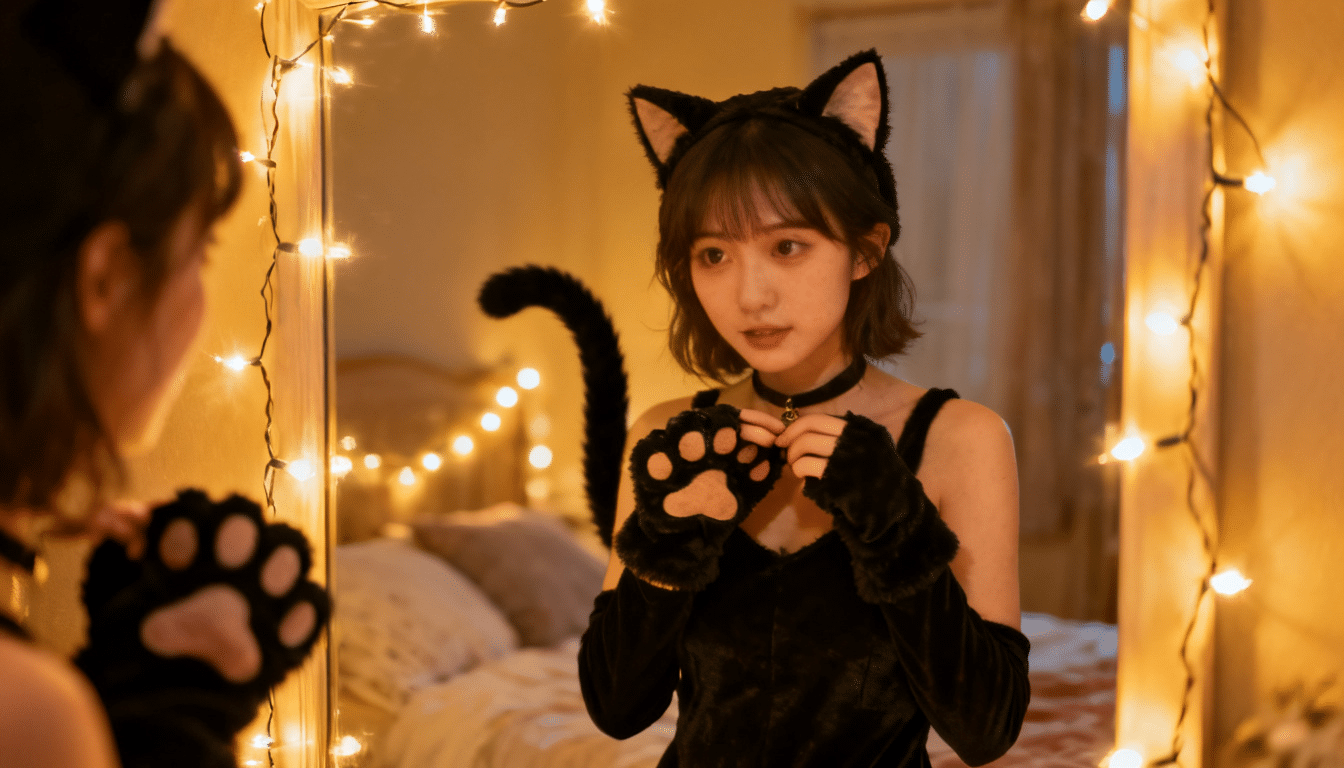 a young woman in a black cat costume with ear headband, paw gloves, and bell choker checking herself in a fairy-lit mirror