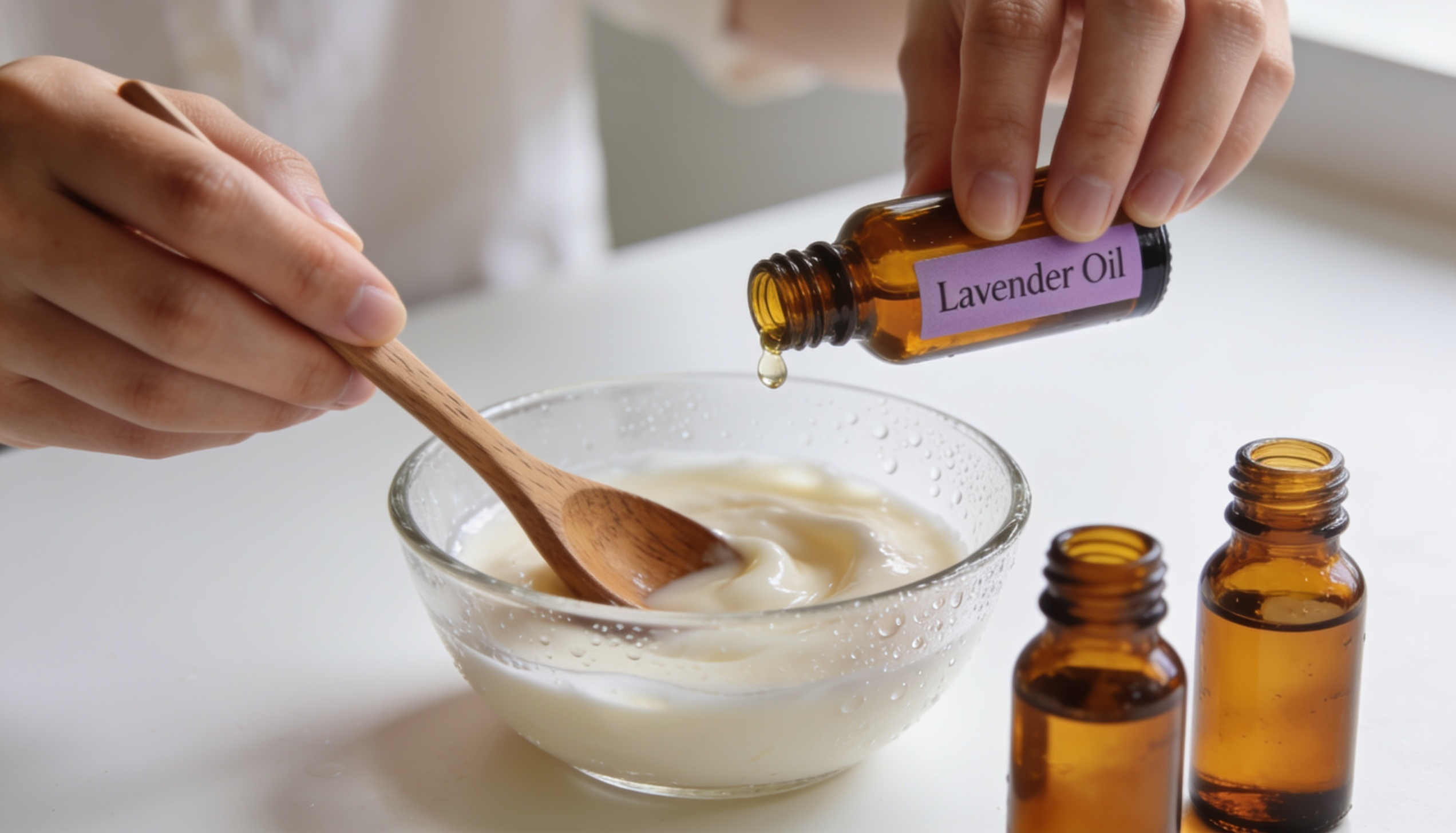 Hand adding lavender oil to cooling deodorant mixture, with two more essential oil bottles on the counter.