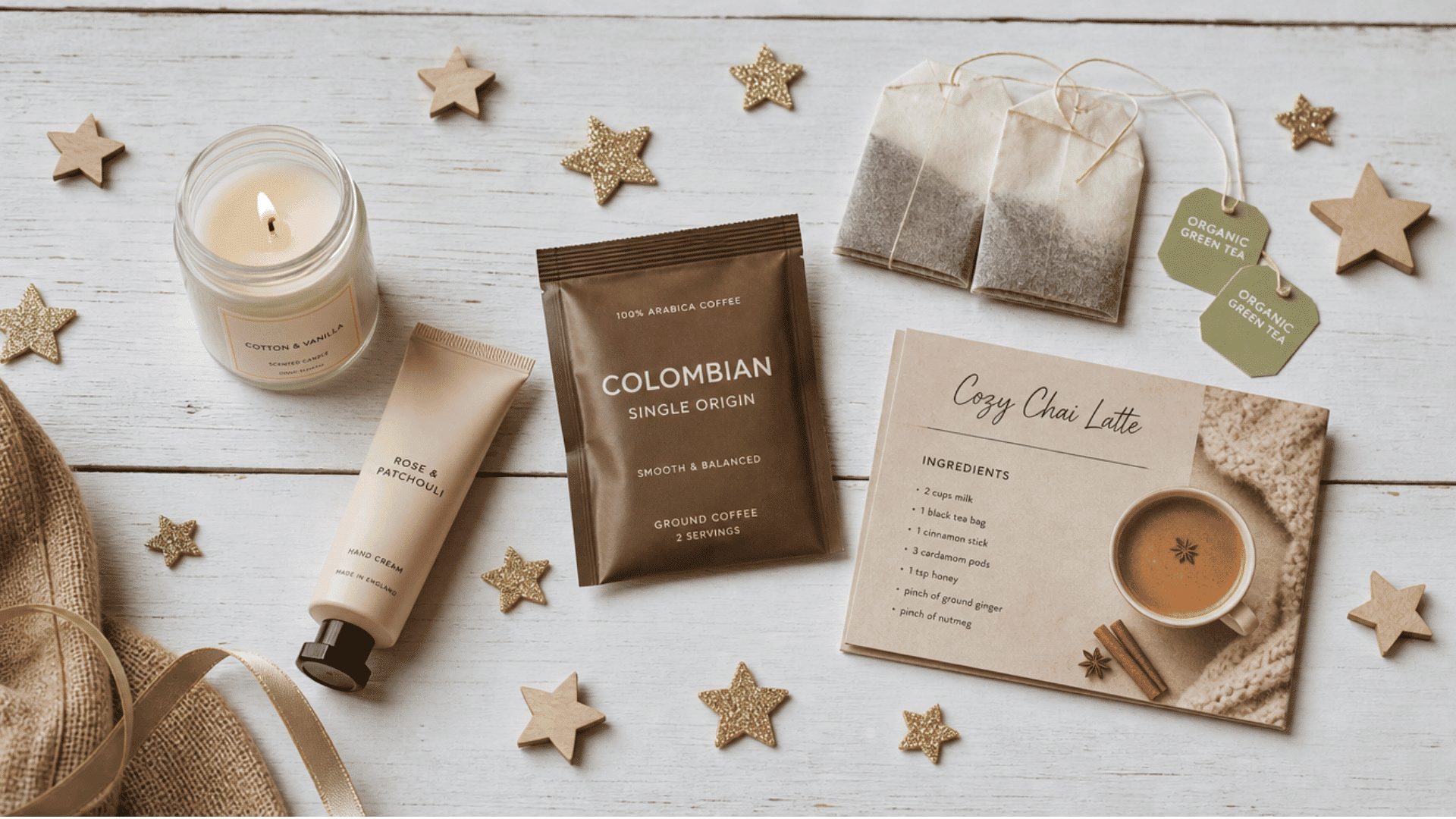 adult advent calendar fillers with tea bags, coffee sachet, candle, hand cream, and recipe card