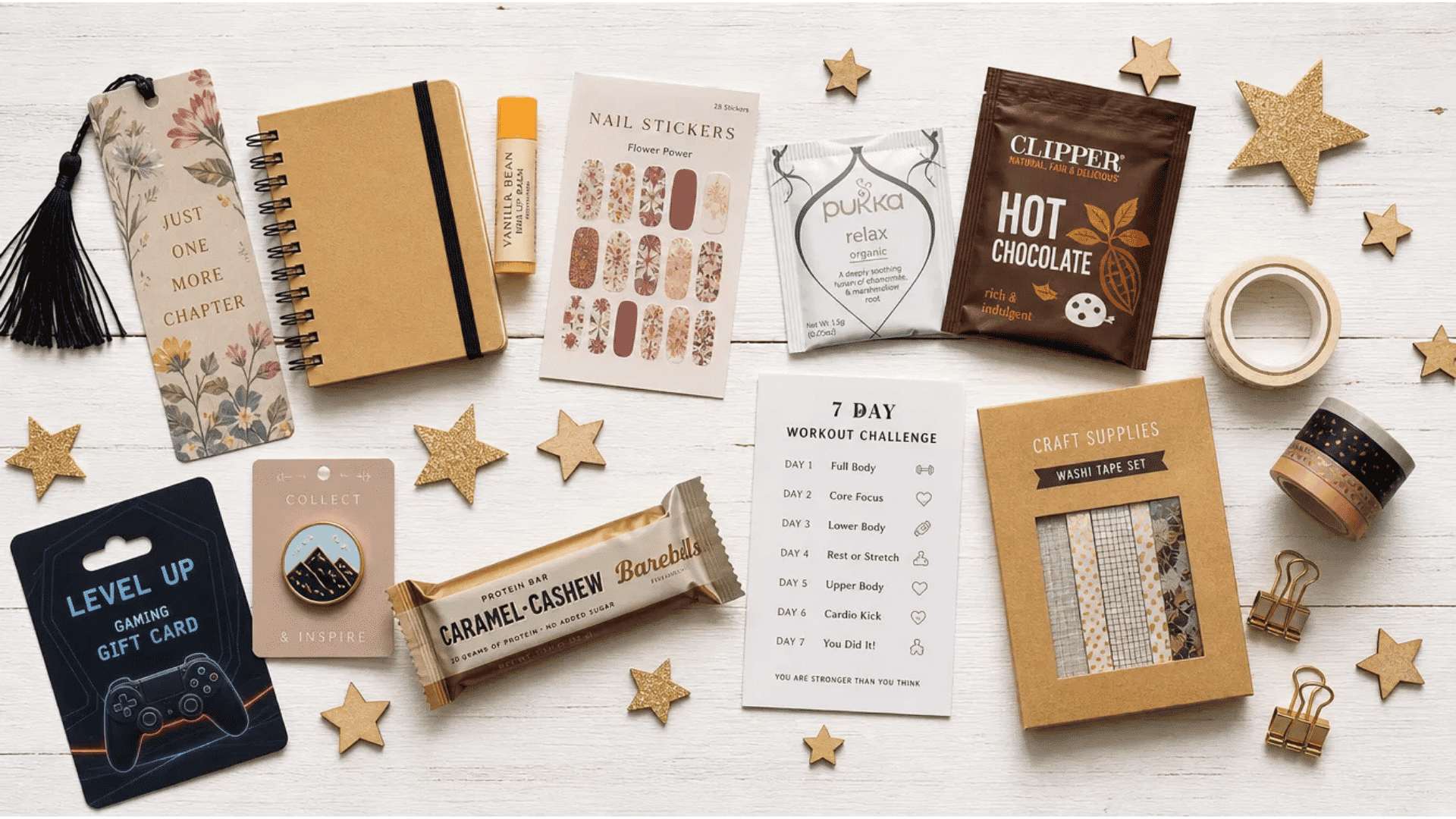 advent calendar fillers by interest including bookmark, lip balm, hot chocolate, gaming gift card, washi tape, and protein bar