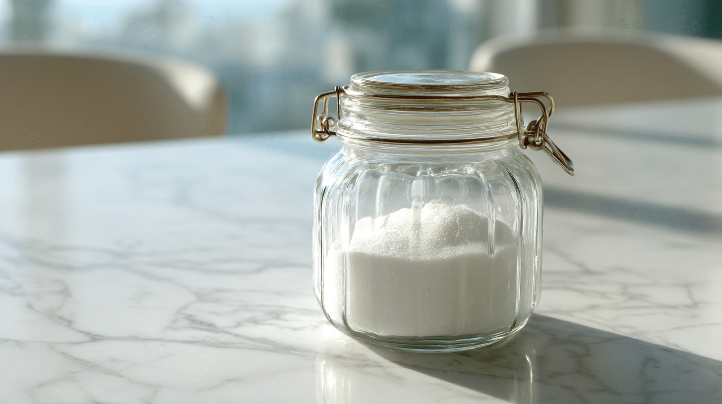 airtight glass jar filled with homemade laundry detergent powder stored on a countertop for easy household use and freshness preservation