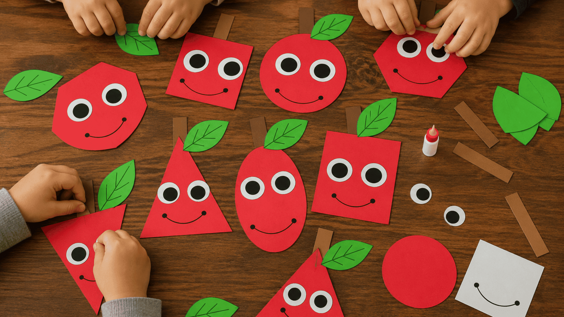 an image of shape apple craft on a brown wooden tsable with toddlers hands visible only different shape finished and unfinished with glue bottle and cutouts on side