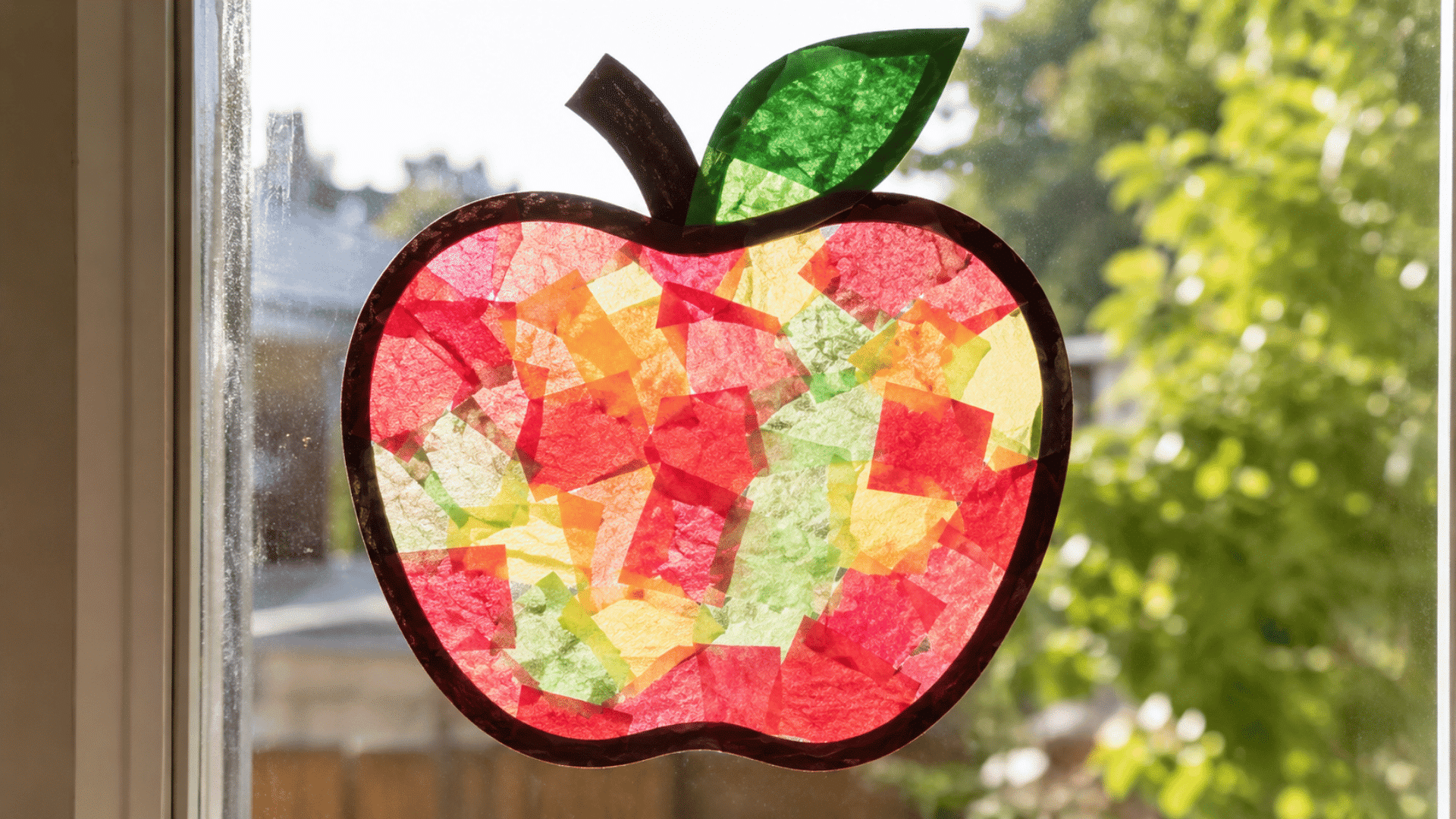 apple suncatcher craft of apple craft pasted on glass windows close view bright daylight outside view greenry and black apple craft outline